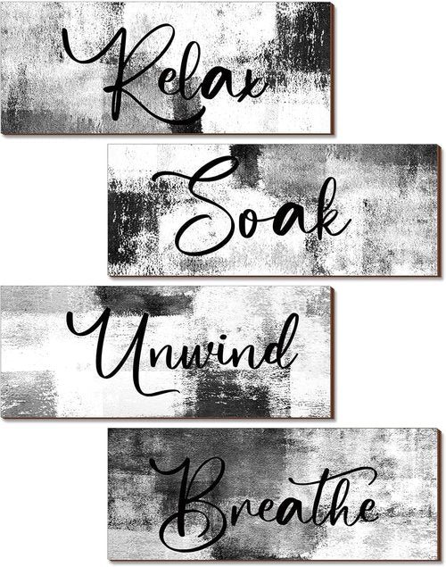 Maitys Bathroom Wall Art - 4 Pcs Rustic Wood Decor for Soak & Unwind | 10 x 4 Inch Black & White Signs