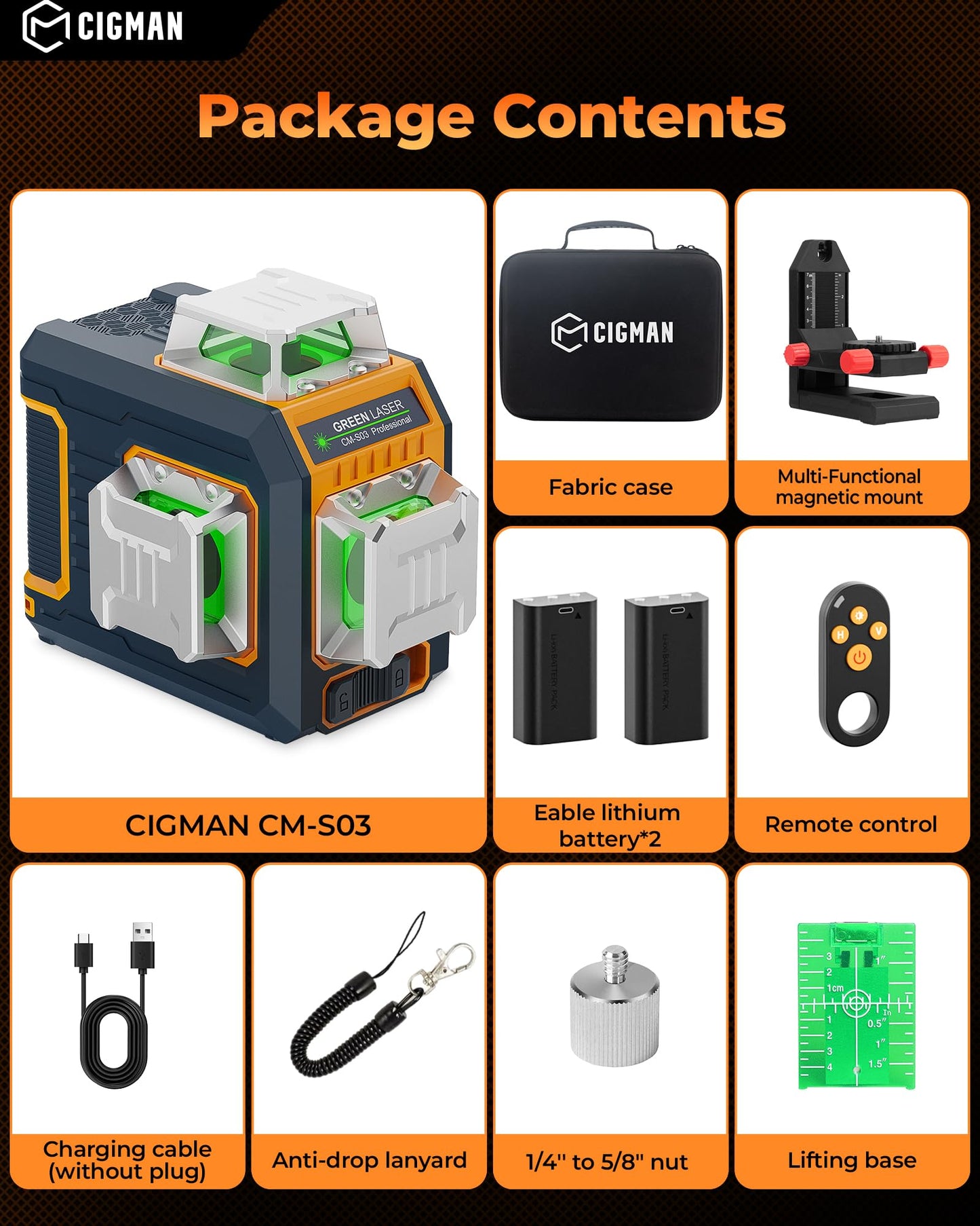 CIGMAN Green Laser Level, 3x360° Side LCD 12-Line Self-Leveling, Bluetooth App Remote, Pulse Mode for Receiver, ±1/8 in. at 33 ft Accuracy, 2x Li-ion (USB-C), 1/4-20 Mount, IP54, ABS Hard Case - S03