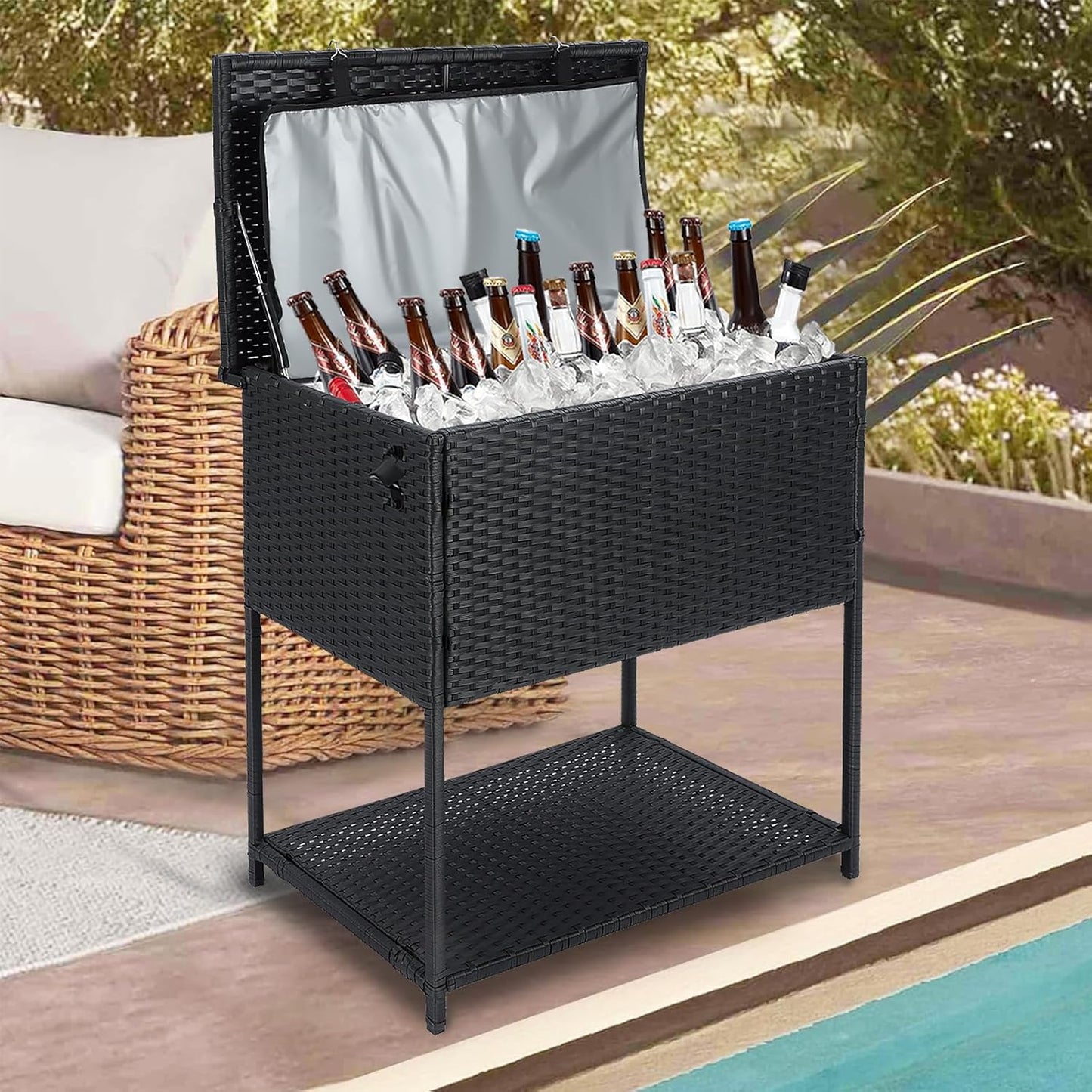 Skiennix 80 Quart Ice Chest Cooler Cart - Outdoor Beverage Stand with Bottle Opener for Parties & Patios