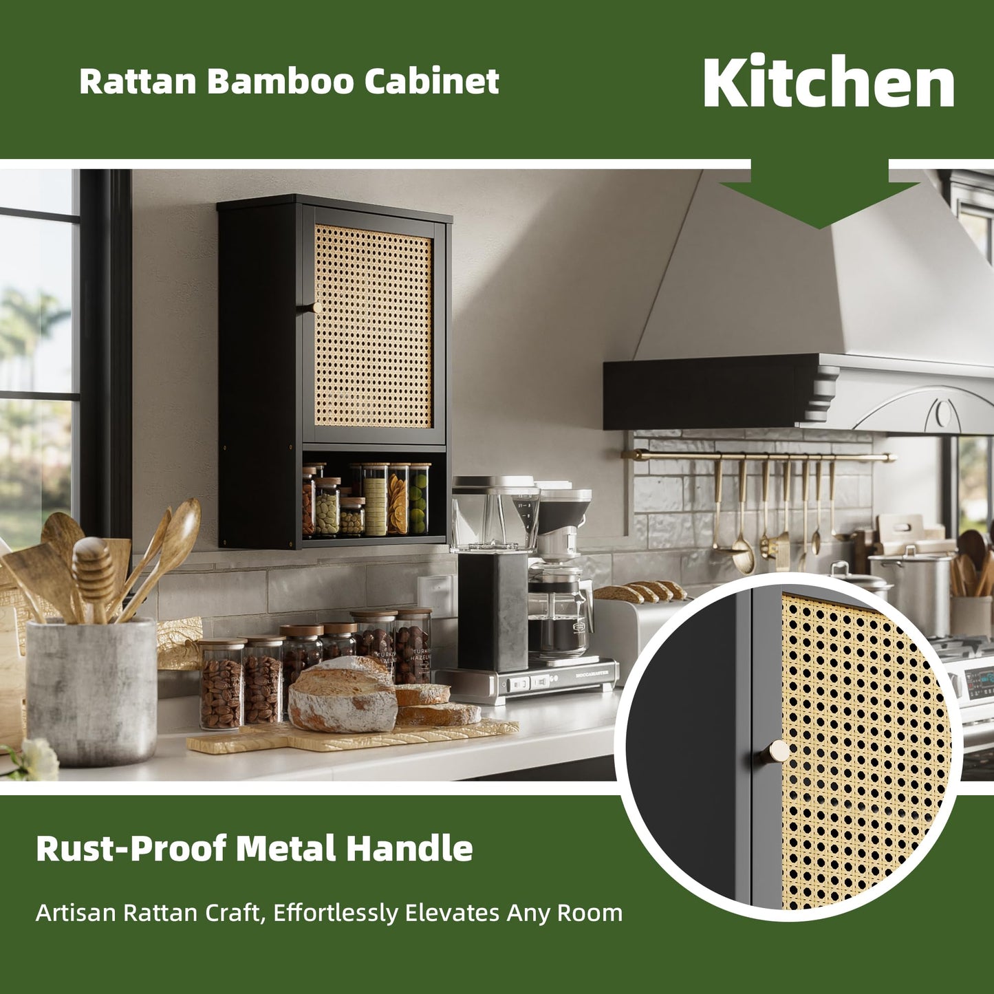 vovala Bathroom Wall Cabinet, Bamboo Over-The-Toilet Storage Organizer with Rattan Doors and Adjustable Shelf, Space Saver Medicine Cabinet for Laundry, Kitchen, Living Room (Black)