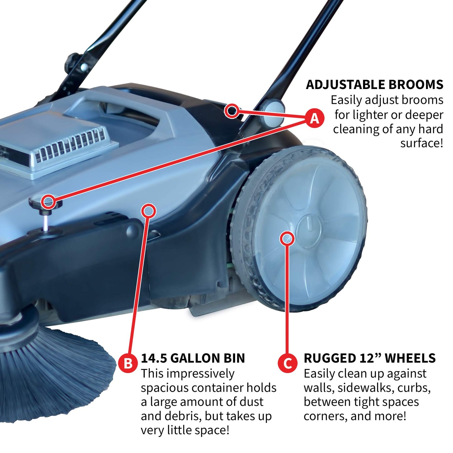 Tomahawk Industrial 38" Walk Behind Push Sweeper with Triple Power Side Brooms Floor Cleaning of Dust Litter Grass