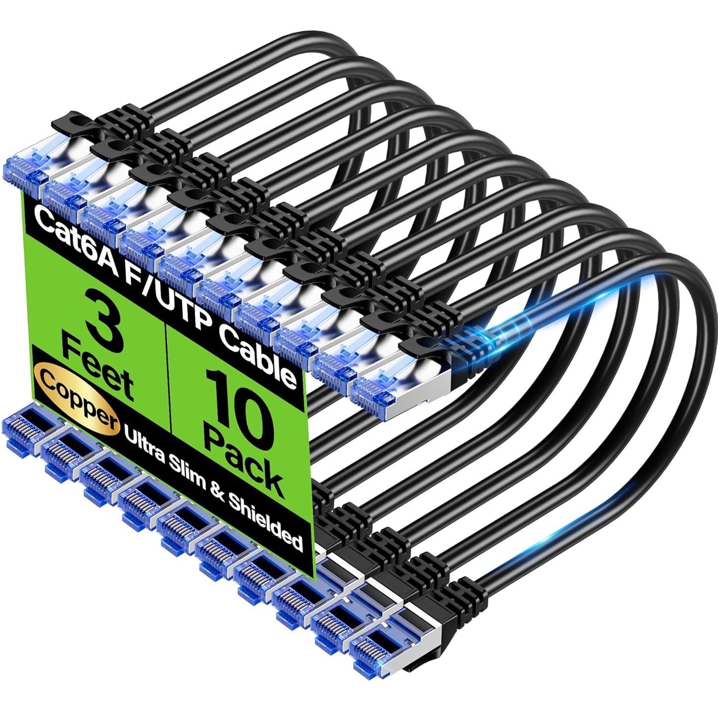 TuokaJu Cat6A 10Gbps 3 (10 Pack), 6, 28AWG Cat6 6a Ethernet Cable Shielded ft Slim Shielded (F/UTP) Ethernet Cable Cat