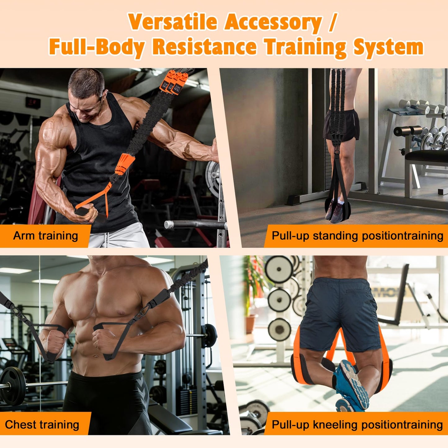 Pull Up Assistance Bands Set,3 Heavy Duty Pull-Up Bar Resistance Bands,Adjustable Weight/Height,Training Equipment with Handle and Foot Rest Unisex for Home & Gym/Muscle/Strength Training（Orange）