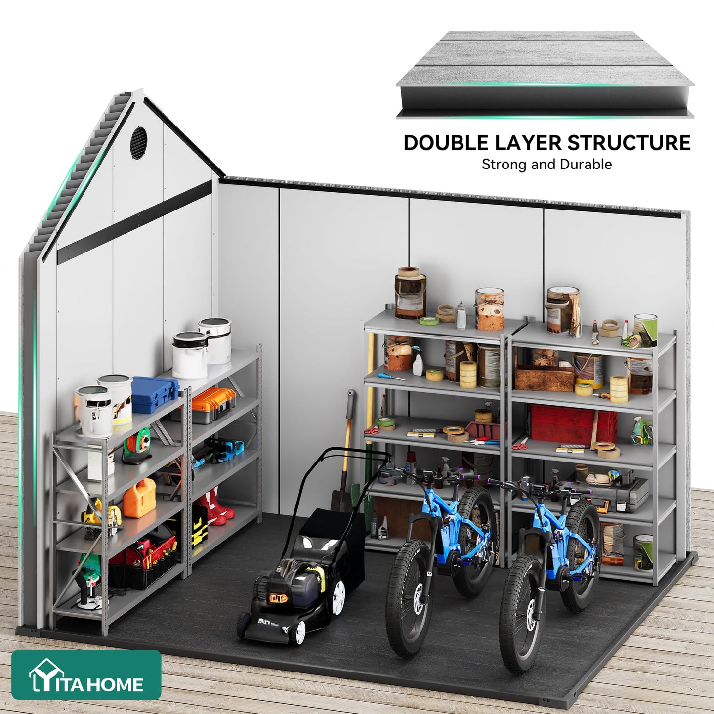YITAHOME 8x12 FT Outdoor Storage Shed with Floor, Waterproof Extra Thick Plastic Garden Shed with Lockable Doors, 2 Vision Windows Vents, 16mm Heavy Duty Tool Shed for Bikes, Patio or Backyard, Gray