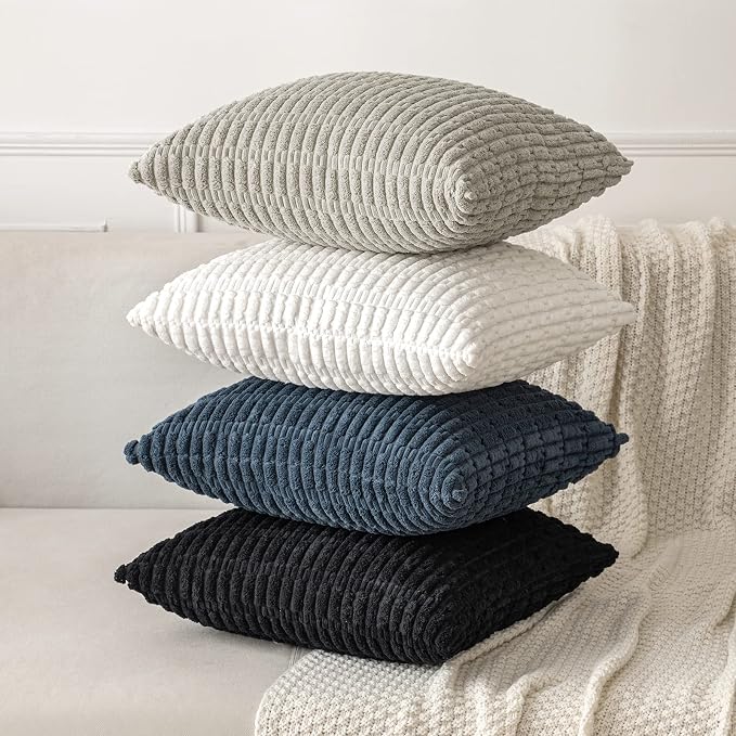 MIULEE Pack of 2 Corduroy Decorative Throw Pillow Covers 20x20 Inch Soft Boho Striped Pillow Covers Modern Farmhouse Home Decor for Sofa Living Room Couch Bed Pure White