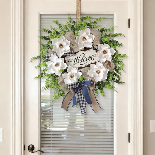 Artificial Magnolia & Eucalyptus Wreath - 24" White Flower Decor with Welcome Sign for Year-Round Home Entryway