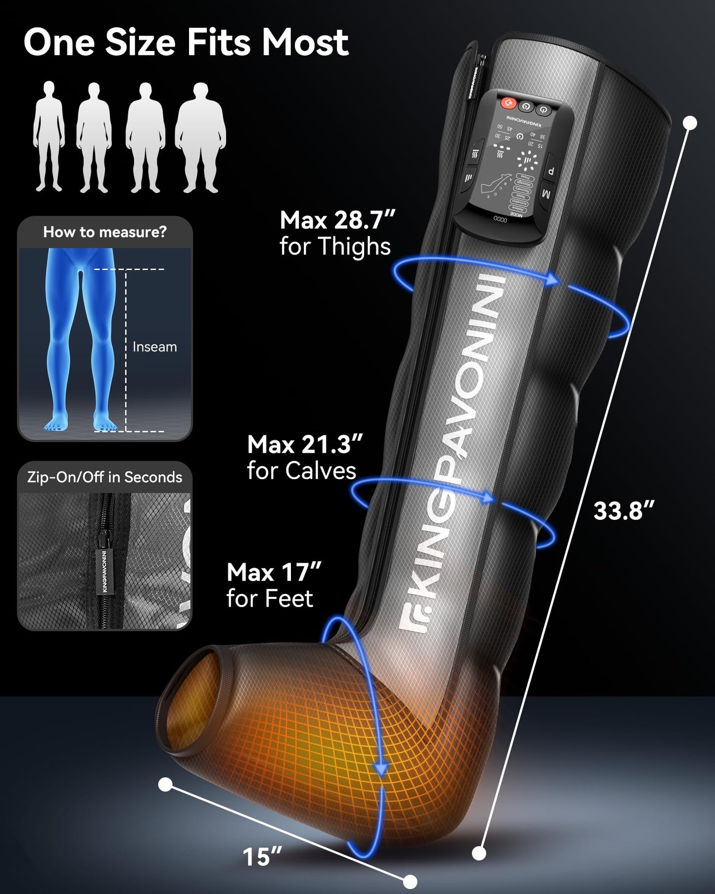 KingPavonini Cordless Leg Compression Massager with 5 Overlapping Chambers & 3 Foot Heat, 4500mAh Leg Massager for Circulation and Pain Relief, 19 Modes & 8 Intensities, Recovery Boots for Athletes