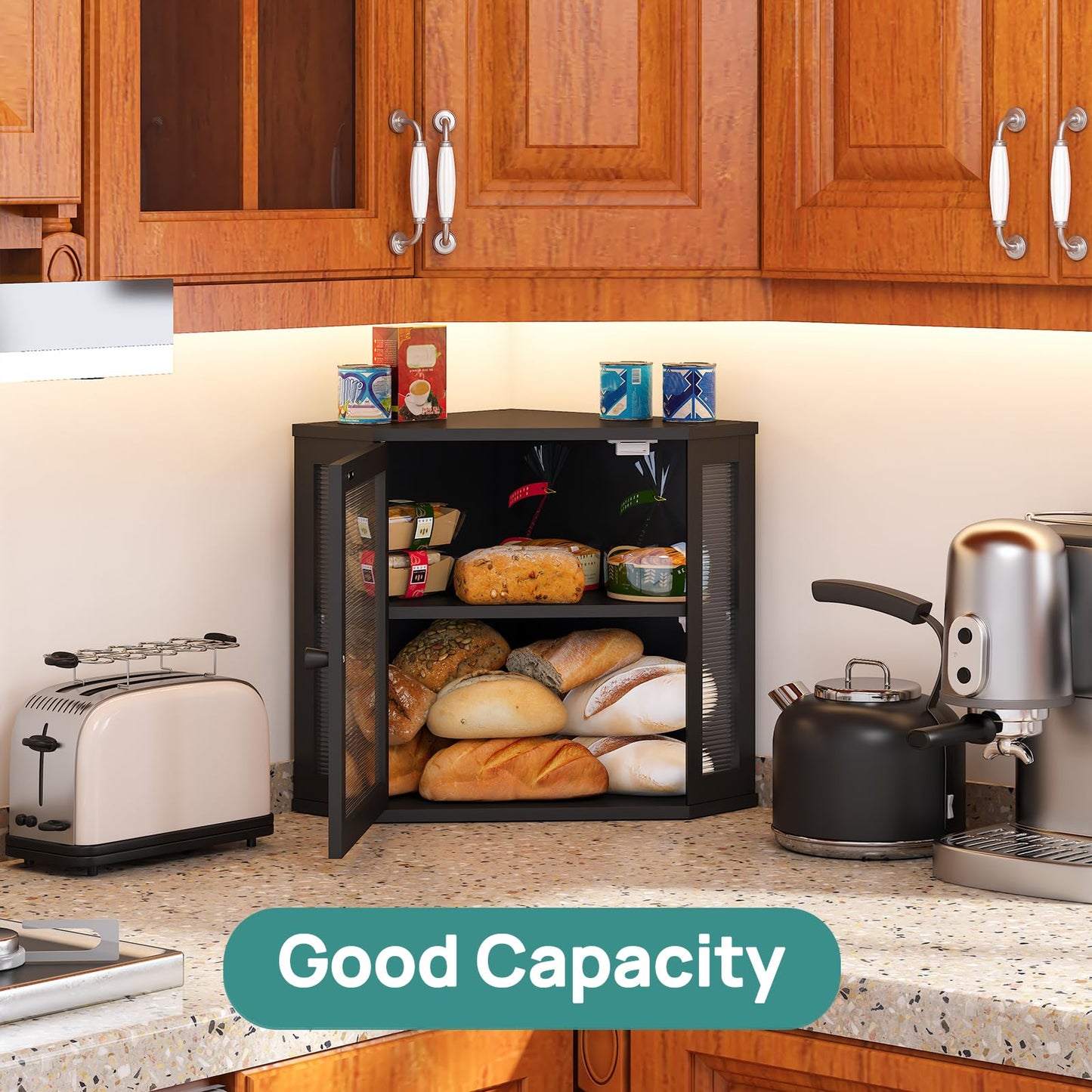 viewcare Corner Bread Box for Kitchen Counter, Bamboo Wood Black Bread Box, Large Capacity Bread Storage Bin with Acrylic Wavy Door Panel (Black, Meduim)