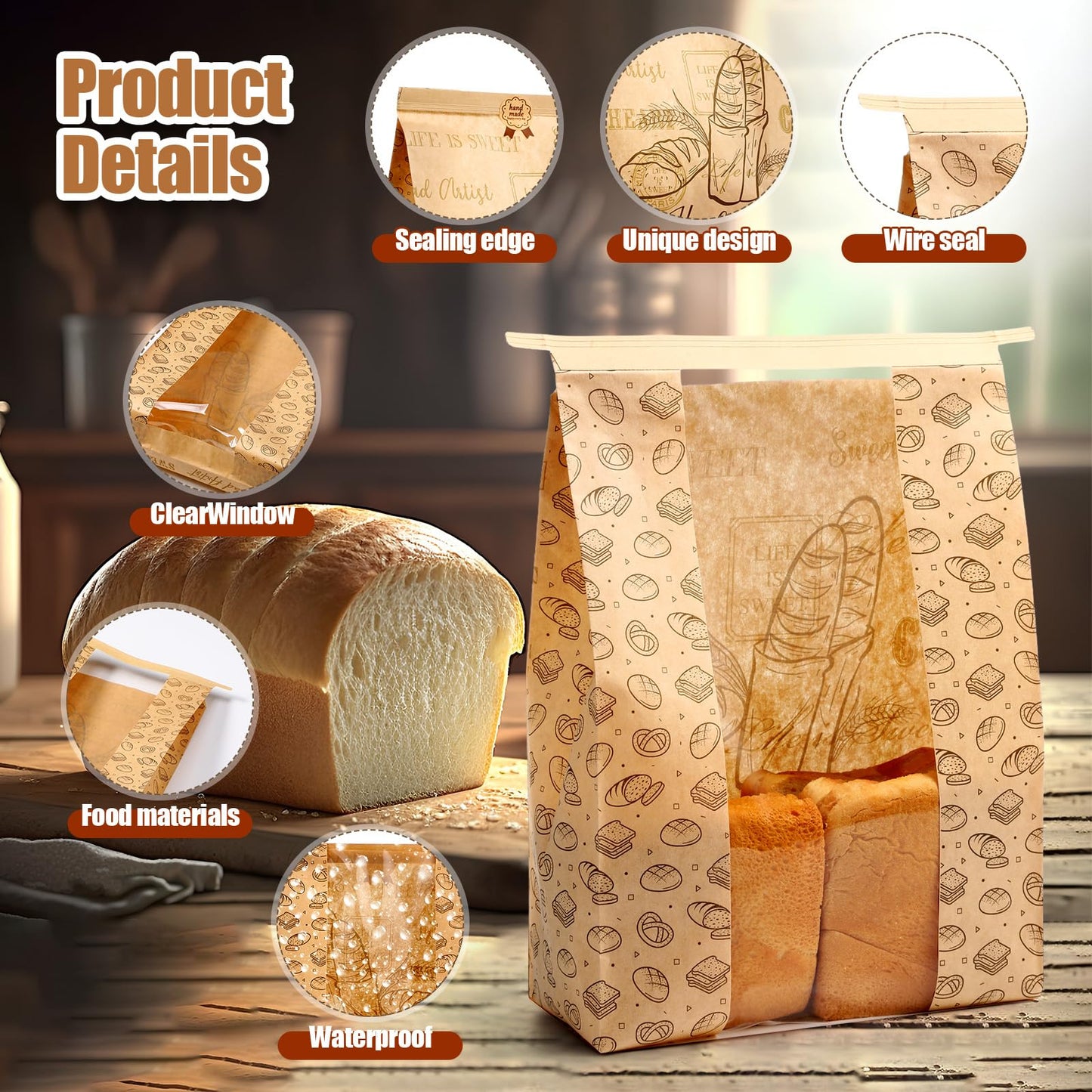 Feifeiya 150 Pack Kraft Paper Bread Bags for Homemade Sourdough Bread Bag with Clear Window 13.7 x 8.2 x 3.5 Large Bakery Packaging for Treat Storage Gift Giving with Seal Sticker