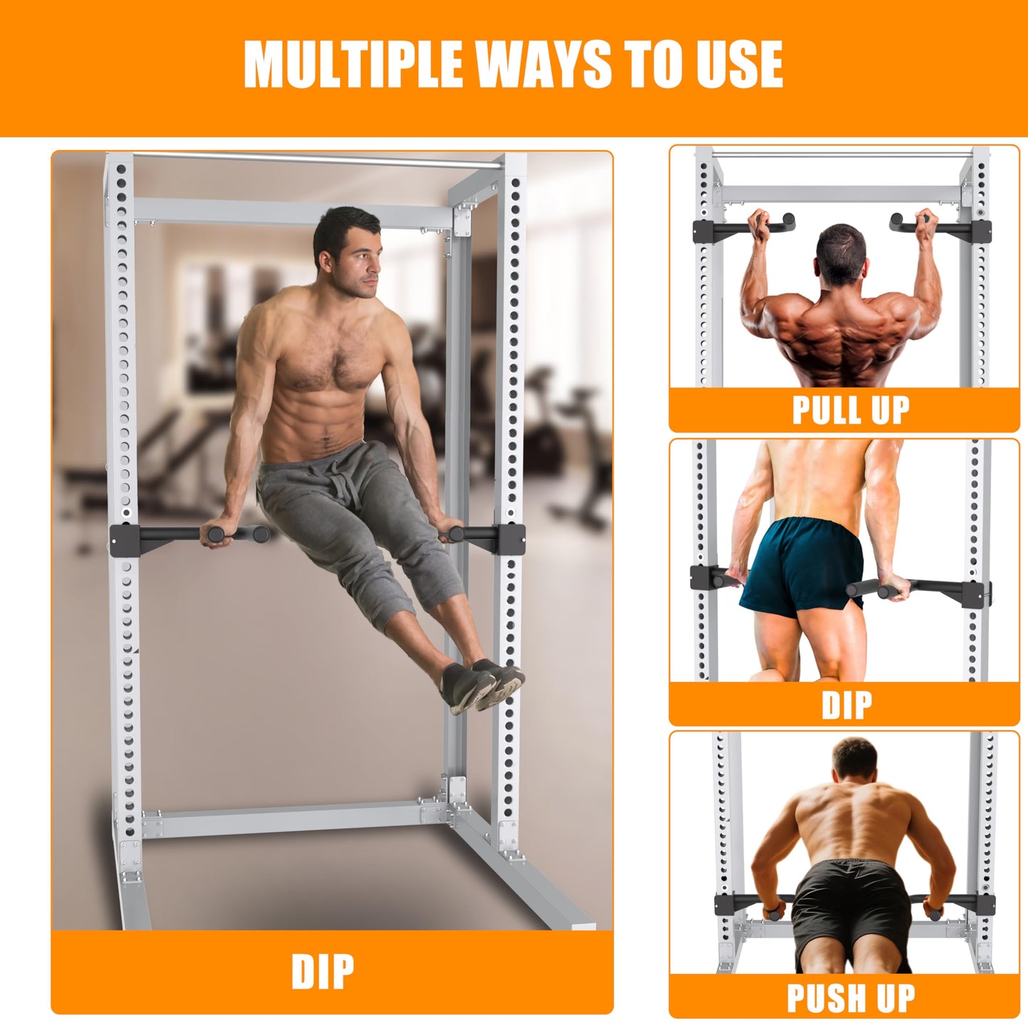 HWOOUSA Muti-Grip Dip Bars Attachment for 2" x 2" Power Cage with 5/8" or 1" Hole, Non-Slip Wide & Narrow Grip Dips Double Handles, 600 lbs Capacity, Squat Rack Attachment for Dips, Inverted Rows, Push-Ups