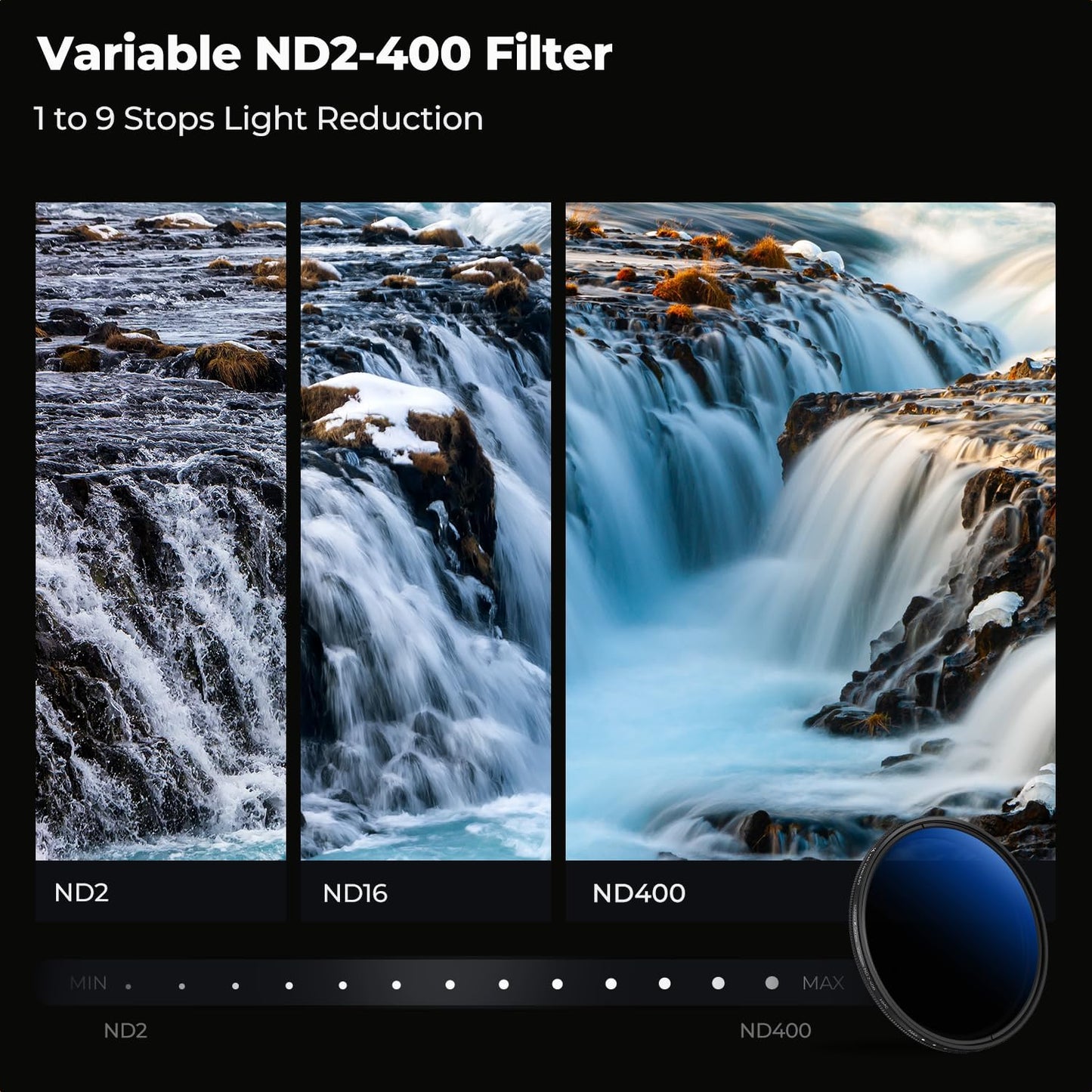 K&F CONCEPT 67mm ND2-ND400 (1-9 18 Variable ND Lens Filter Stops) Multi-Layer Coatings Adjustable Neutral Density Ultra