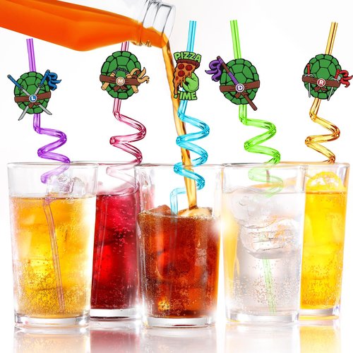 24PCS Green Turtles Birthday Party Plastic Straws for Teenage Cartoon Turtle Party Favors, Reusable Crazy Straws with 6 Style Patterns for Kids Party Supplies with 2 Brushes