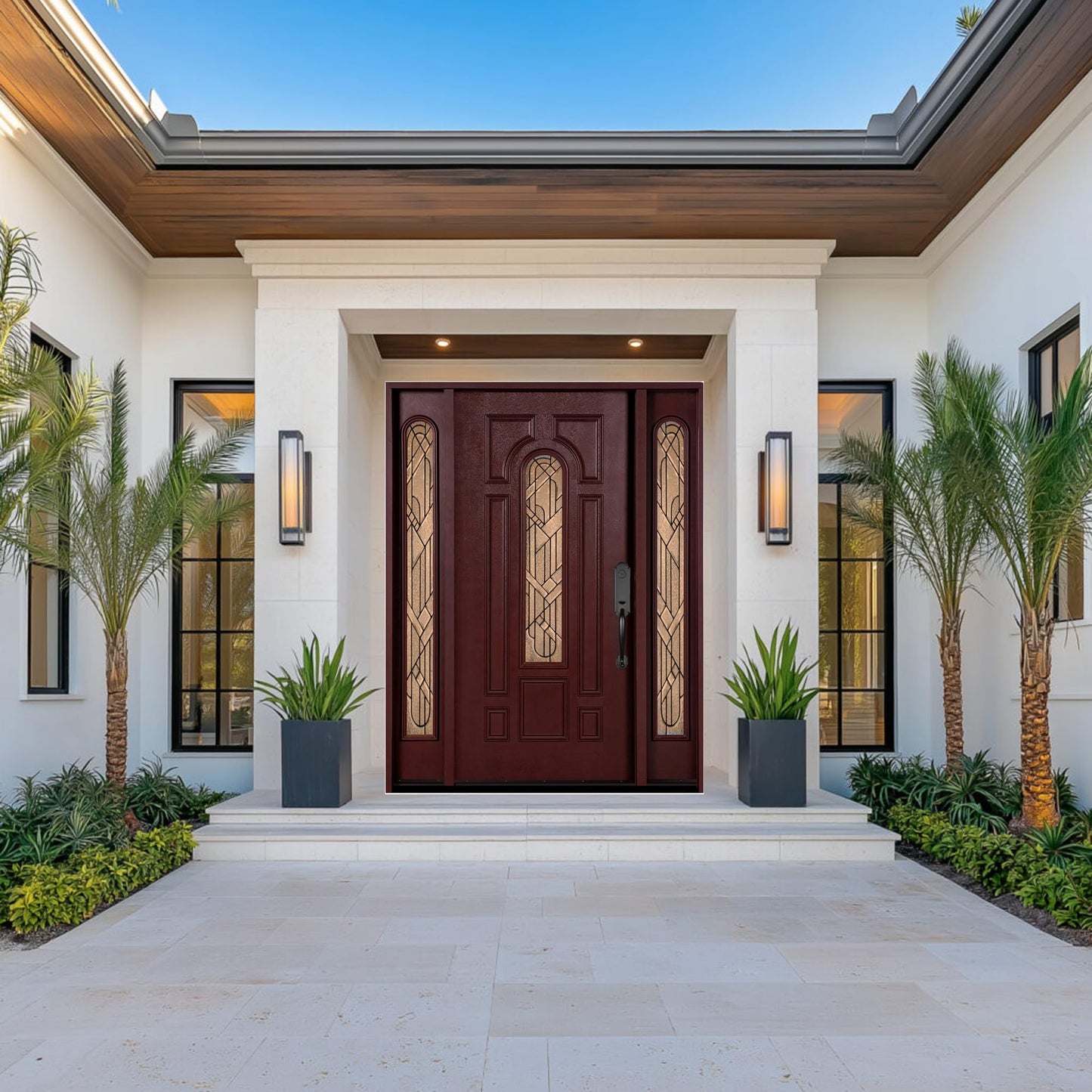 BGW Doors Mahogany Finish Fiberglass Double Front Entry Door with Brickmould and Decorative Glass, Prehung Pre-Finished Exterior Door, Left Hand Inswing, 12x30x12x80