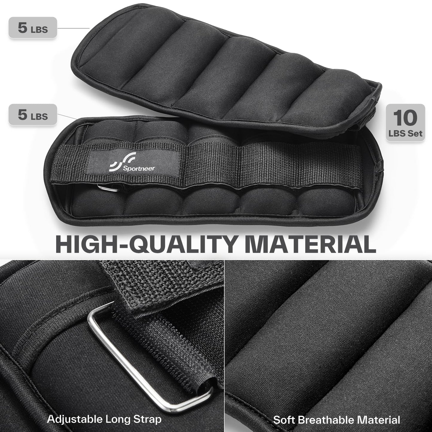 Sportneer Adjustable Ankle Weights Set - 1 Pair (2-10 lbs) Removable Sandbags for Women & Men, Comfortable Neoprene Leg Weights for Walking, Running, Pilates, Yoga, Home Workout & Physical Therapy