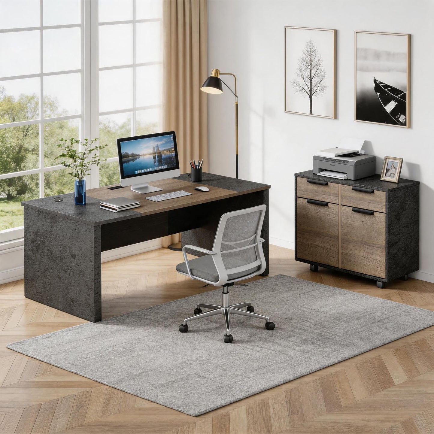 SAINTCY Executive Office Desk with Mobile File Cabinet, L Shaped Desk with Power Outlet & Drawers, Modern Wood Office Desk for Home Office, Studio & Business Workspace (Dark Walnut, 78.75" W)