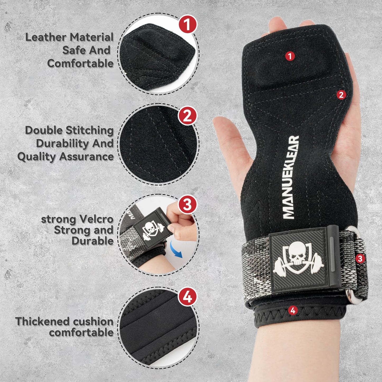 MANUEKLEAR Gym Straps Weight Lifting, Double Leather Lifting Straps for Men Deadlift with Cushion Wrist Loop, Gym Liftings Wrist Wraps for Weightlifting