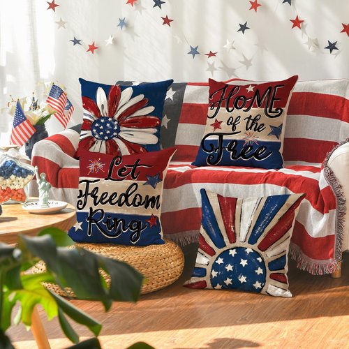 AVOIN Colorlife Throw Pillow Covers - Patriotic Red, White & Blue Fireworks Design | 18 x 18 Inch Set of 4 for 4th of July