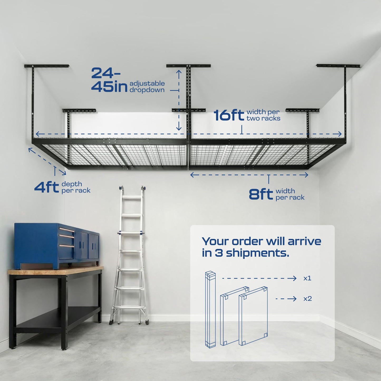 2-Pack 4 x 8 MonsterRax Overhead Garage Storage Rack, Ceiling Racks for Garage, Organization Shelving, Adjustable Hanging Shelf, Grey, 24"-45" Height Adjustment