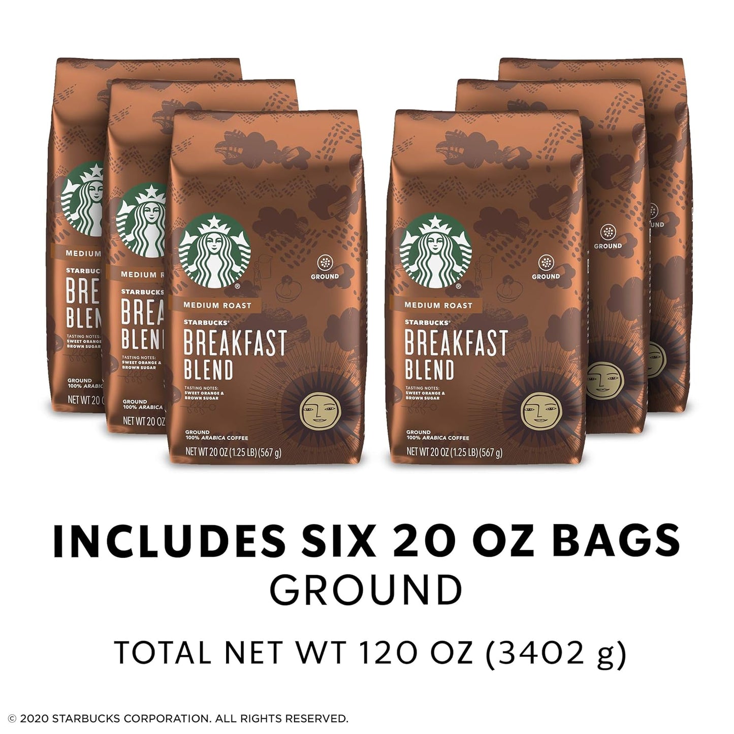 Starbucks Medium Roast Ground Coffee - Breakfast Blend - 100% Arabica - 6 Bags (20 Oz. Each)
