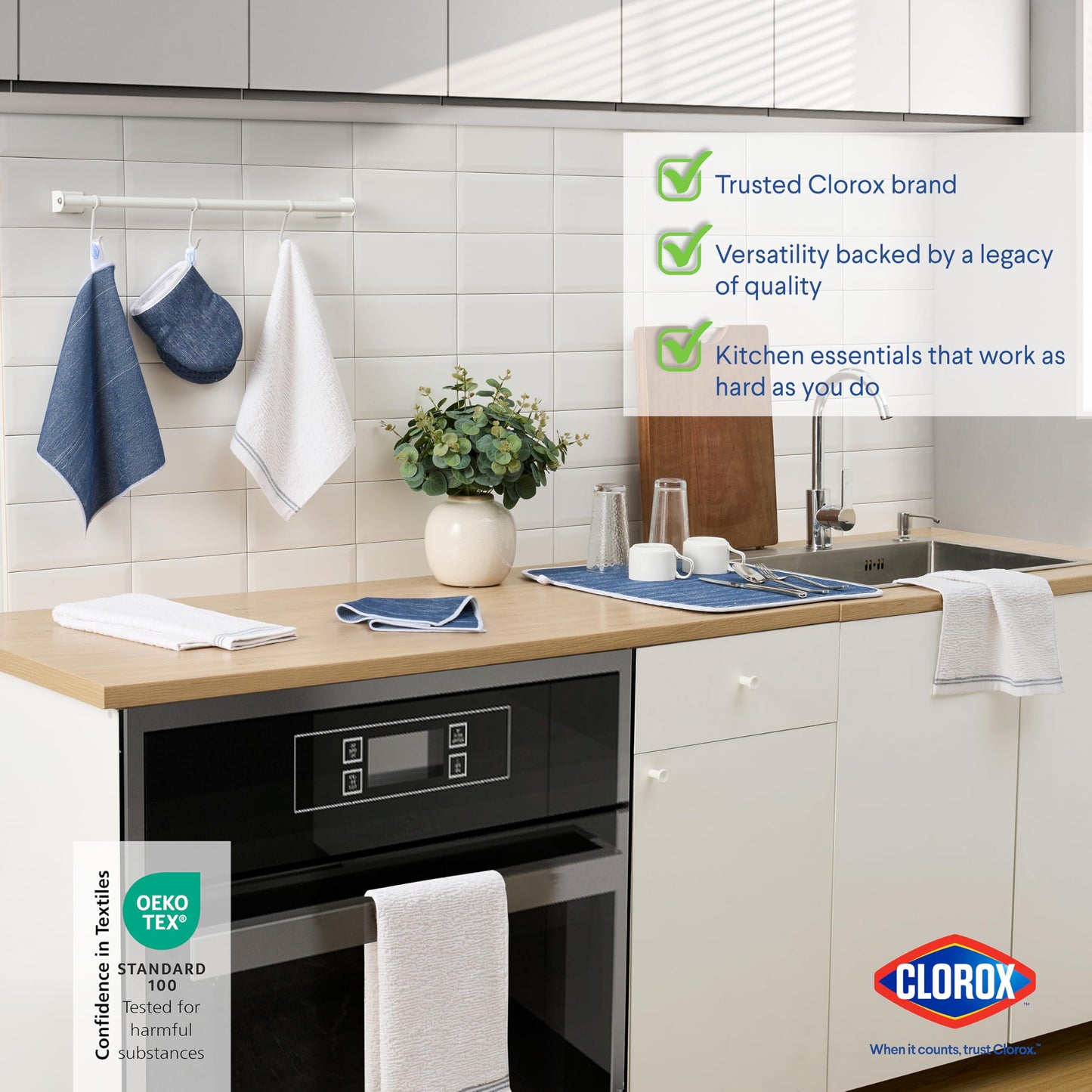 Clorox Premium Kitchen Set - Perfect for Home Cleaning & Handling Dishes - 2 Cotton Kitchen Towels, 2 Cotton Dishcloths, Mini Oven Mitt, Dish Drying Mat, 2 Scrubber Dishcloths - 8 Pc Set