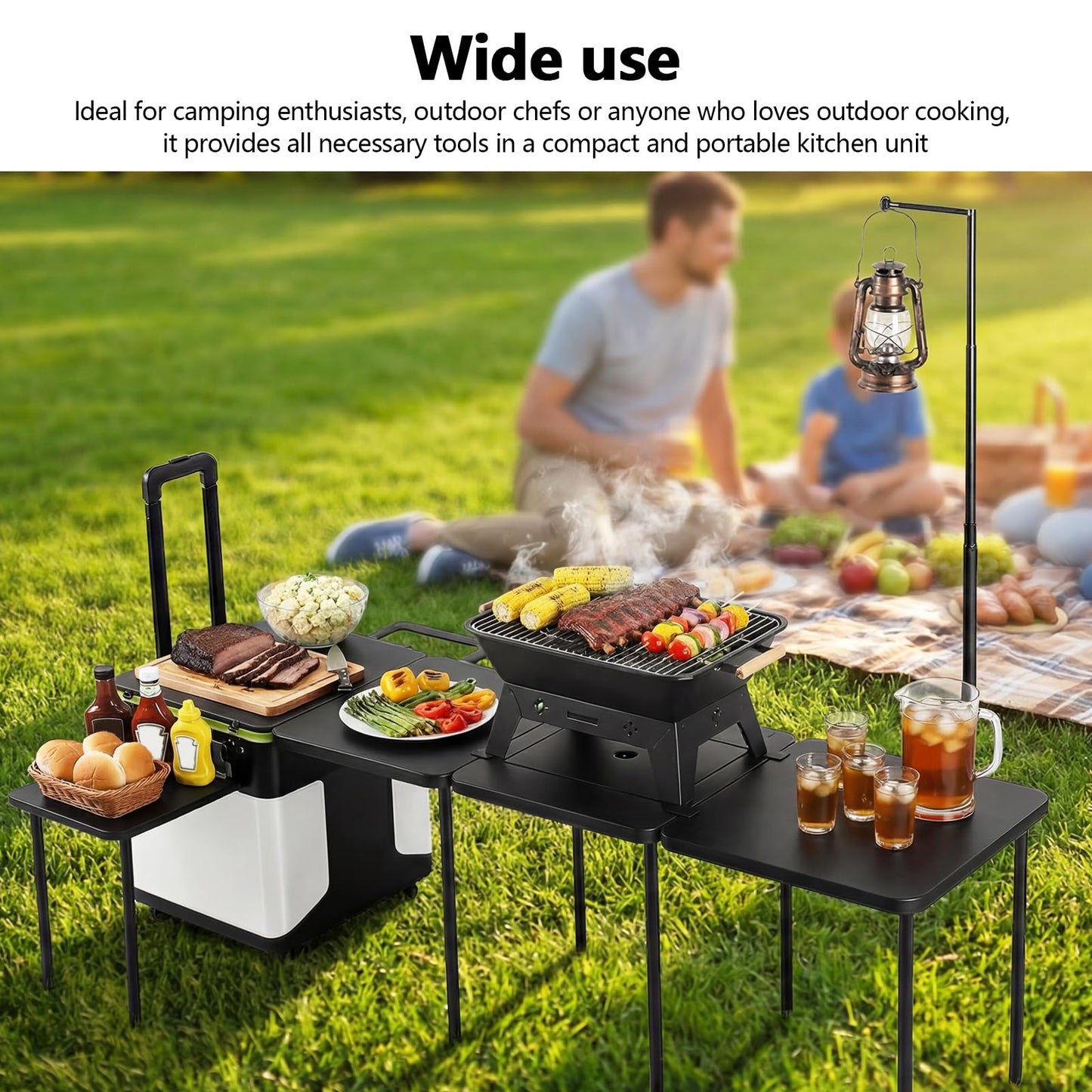 Outdoor Grill Cart Table with Wheels Portable Folding Camp Cook Station with Light Poles for Picnic Party Beach BBQ Cooking Indoor