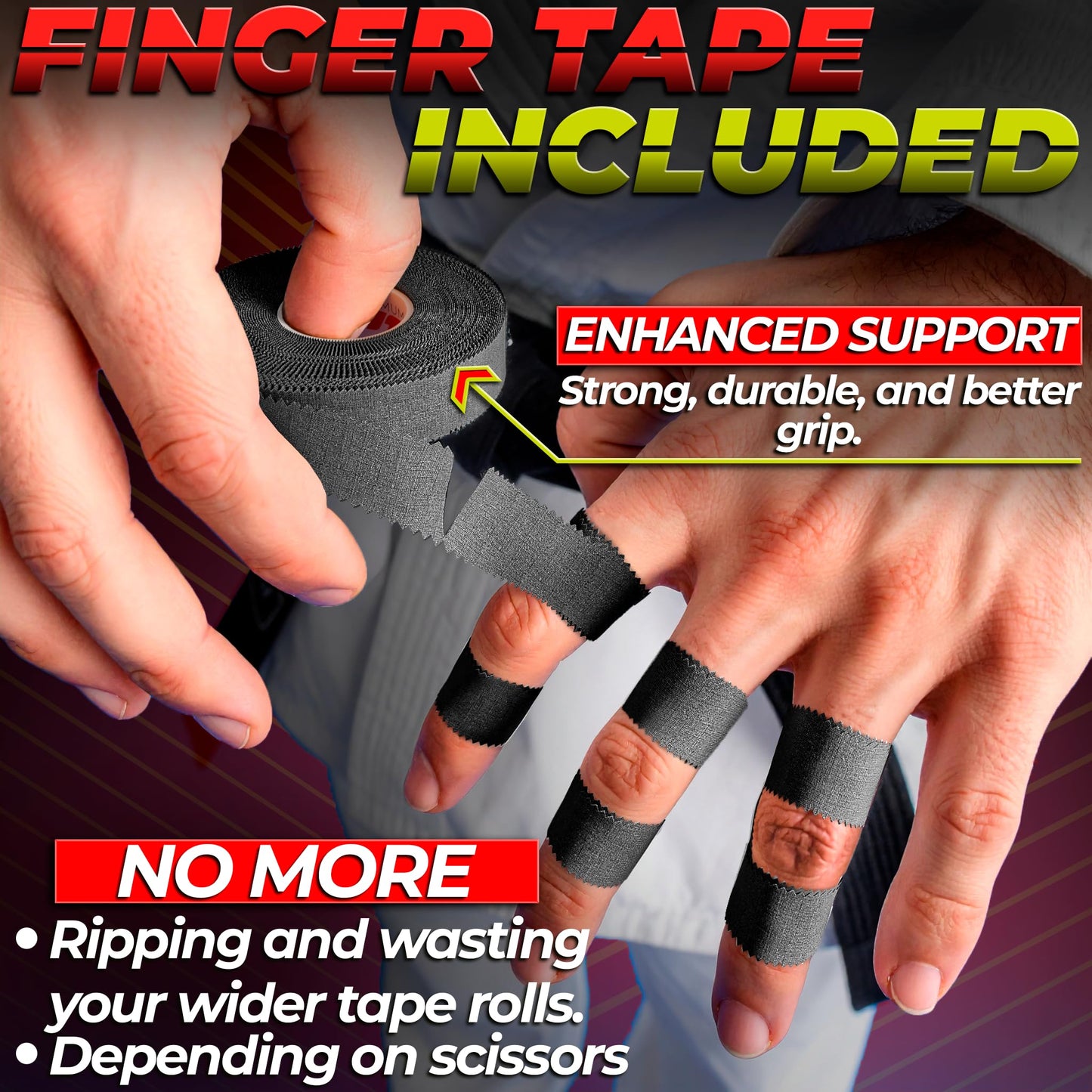 Summum Fit Black Athletic Tape Extremely Strong: 3 Rolls + 1 Finger Roll. Easy to Apply & No Residue. Sports Tape Athletic for Boxing Football Climbing or Gymnastics for Wrist Ankle & Hand Protection