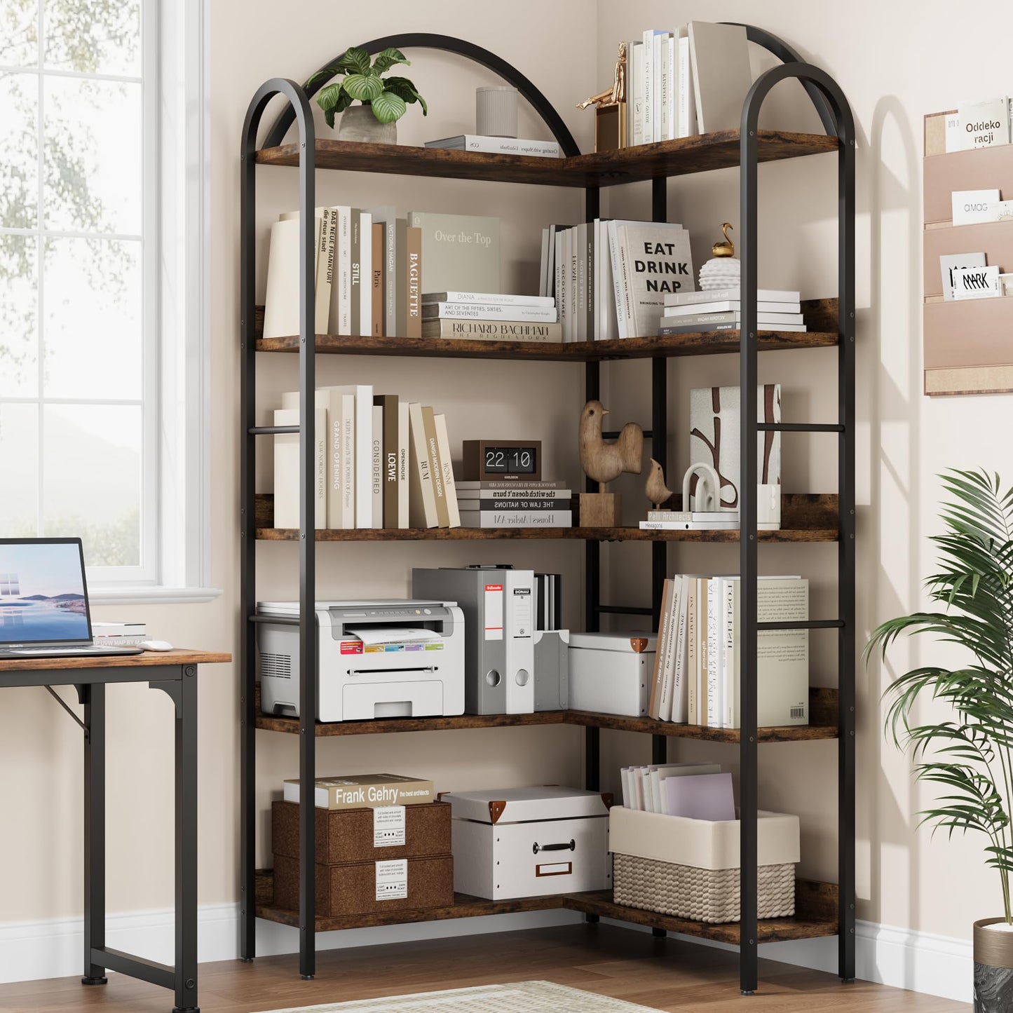 GAOMON 5-Tier Corner Bookshelf with Arched Metal Frame, Industrial L-Shaped Bookcase with Wood and Metal Open Storage Bookcase for Living Room/Bedroom/Kitchen/Home Office, Retro Brown