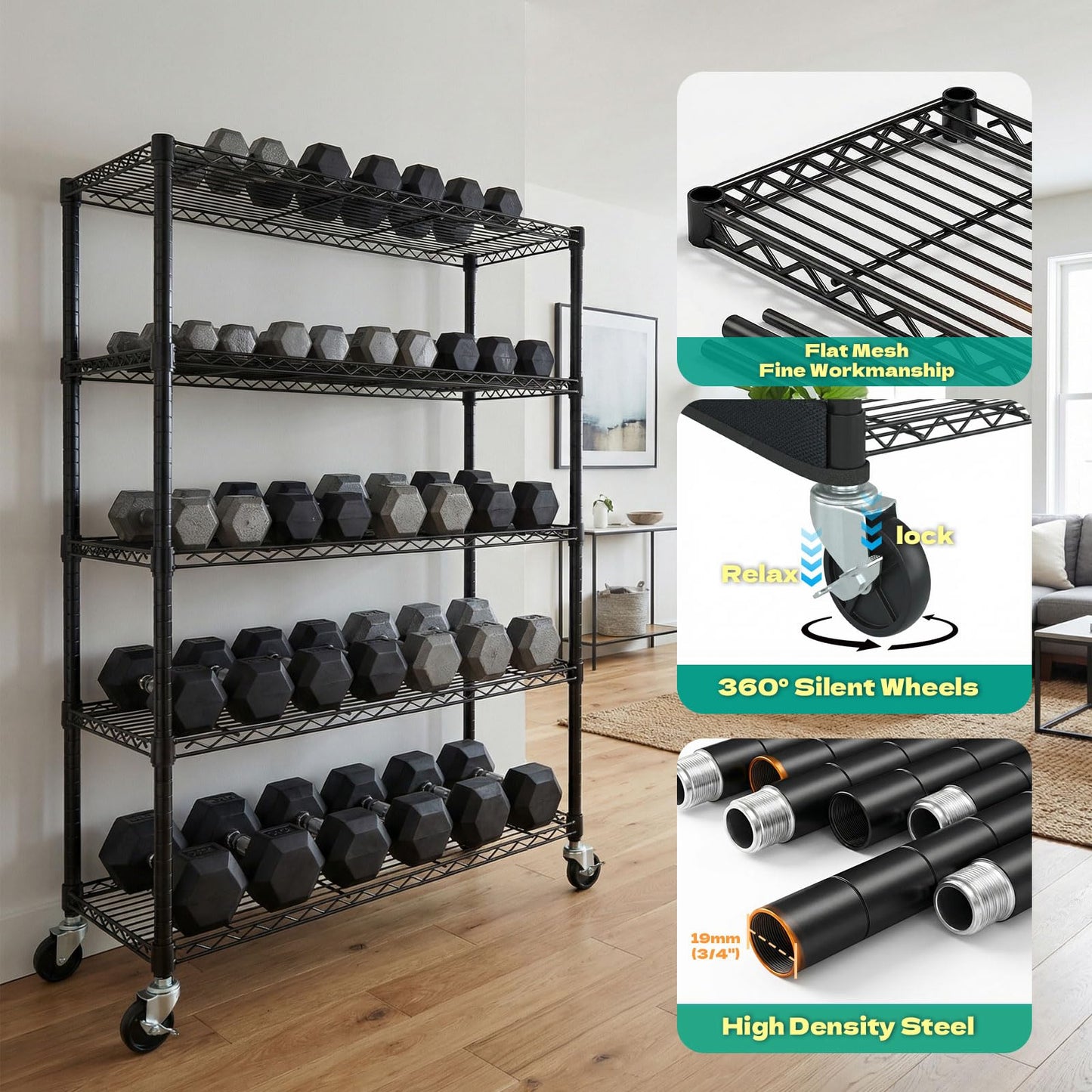 ZYSUOR Wire Shelving Unit with 600D Oxford Cover, 36" W x 18" D x 72" H, 5-Tier Heavy Duty Rolling Shelf Rack on Wheels for Garage, Basement & Warehouse