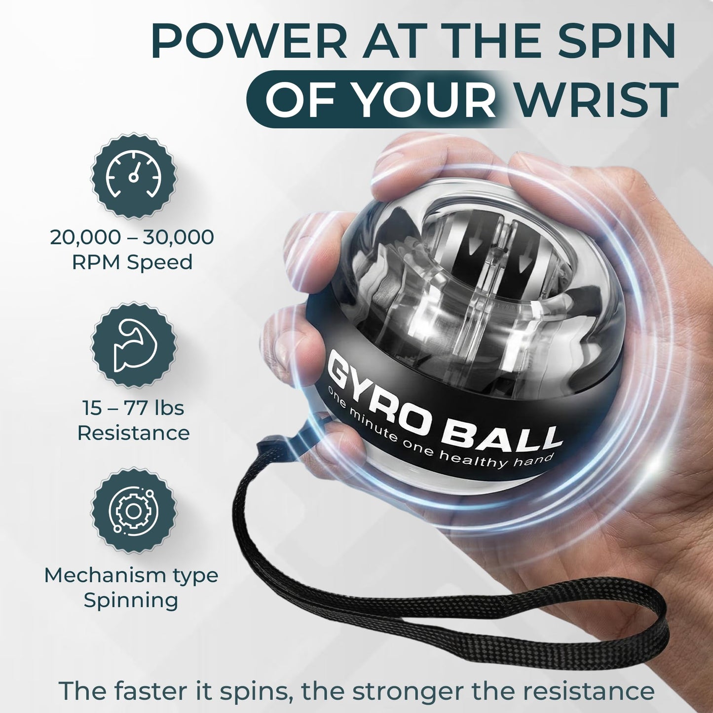 Torque Ball Wrist Trainer, Gyro Ball Hand Exerciser 20,000–30,000 RPM, Adjustable 15–77 lbs Resistance, Forearm Strengthener for Grip, Wrist & Arm Training, Wrist Strengthener Portable Fitness Ball with Strap