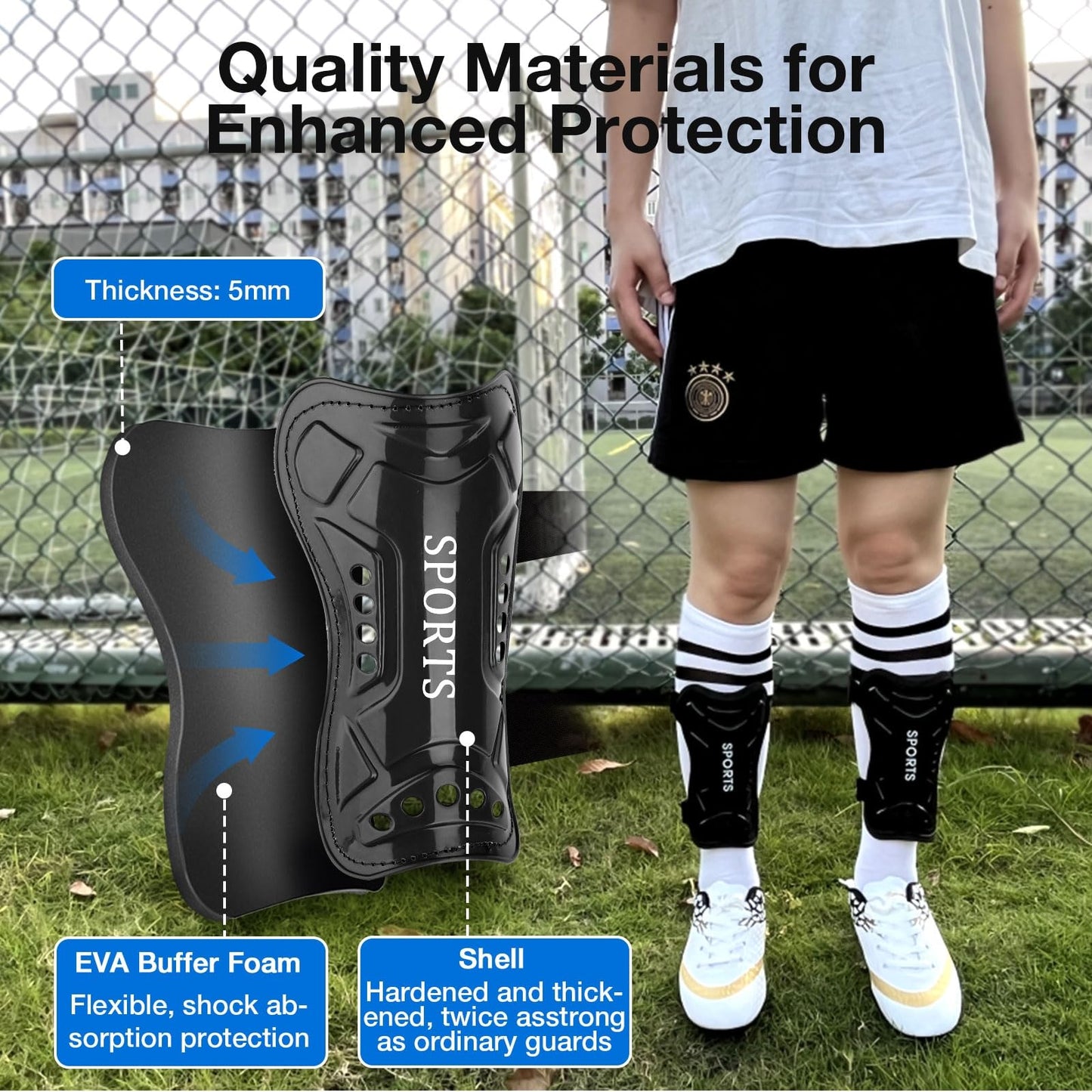 2 Pairs Soccer Shin Guards for Toddler Kids Youth, Soccer Shin Pads with Adjustable Double Strap for 3-14 Years Old Boys Girls Child Teens