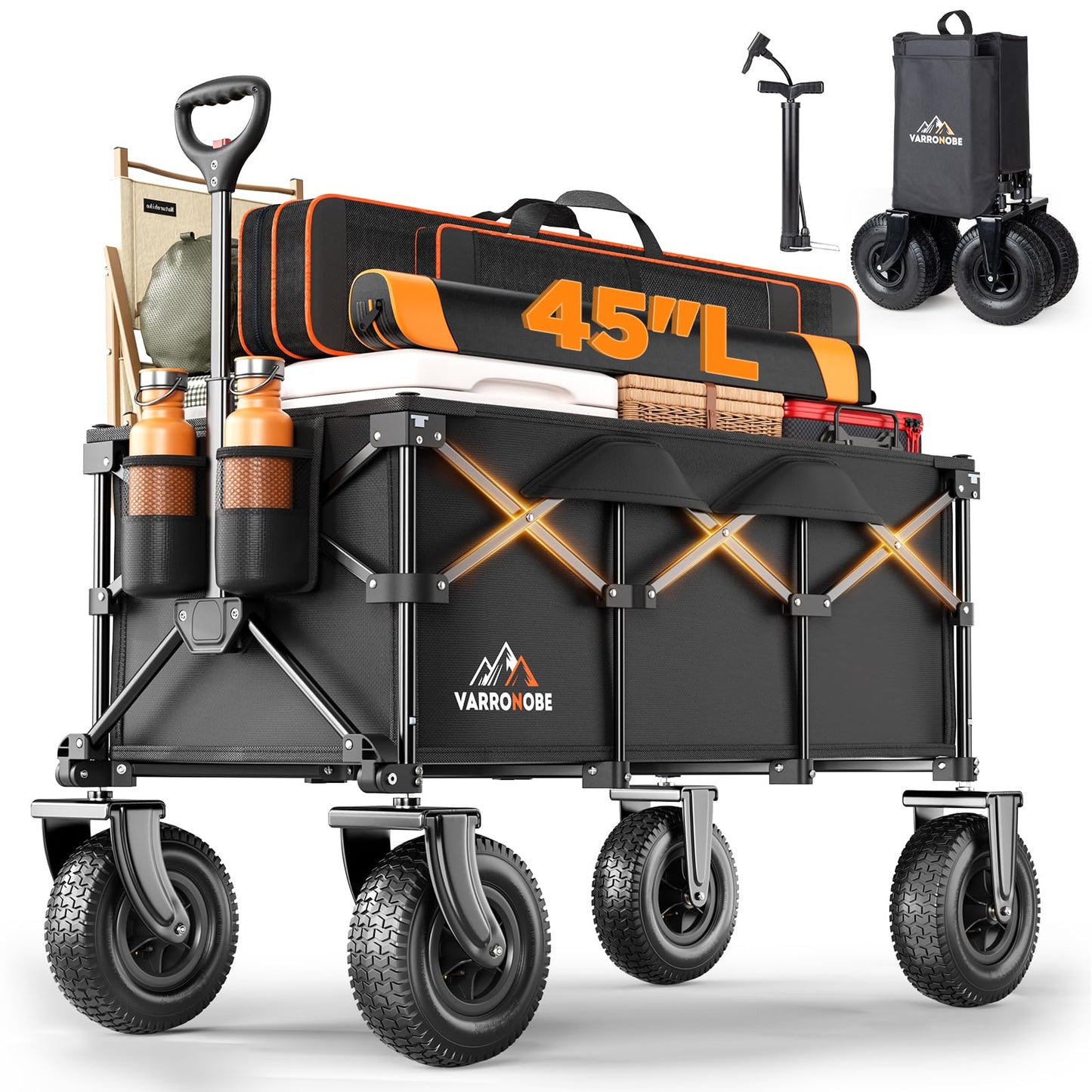 Beach Wagon with 10x3.5 Big Rubber Wheels for Sand, 400lbs Heavy Duty 220L Collapsible Utility Wagon, Easy Transport & Storage, Ideal for Sport, Camping, All-Terrain Outdoor Activities, Black