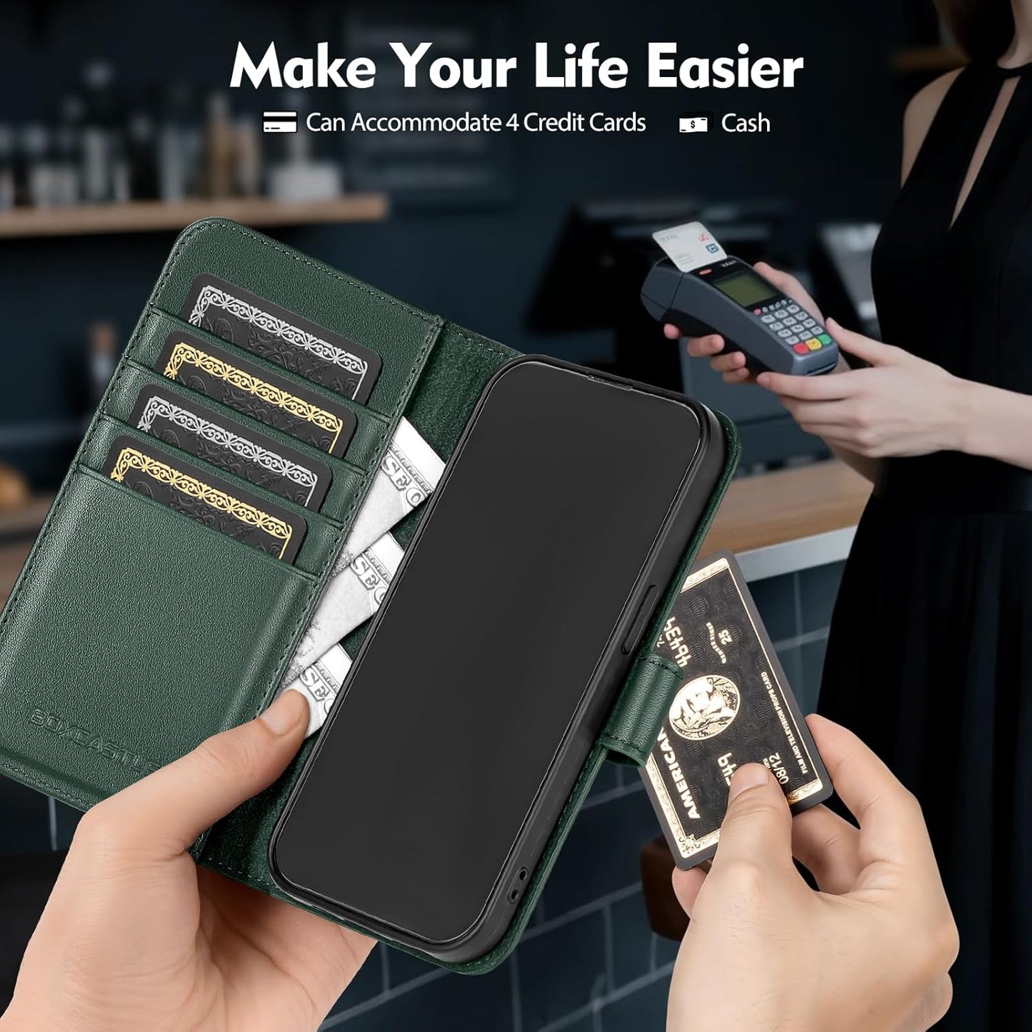 BoxCastle 15 15 6.1",Green Compatible with iPhone Genuine Leather Case Wallet with Card Holder,Women Men Real Leather