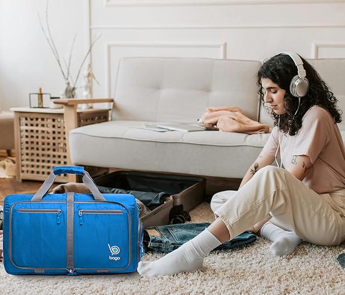 Bago Foldable Duffel Bags for Traveling Women & Men - 40L Sports Packable Duffle Bag for Travel with Shoe Compartment - Water Repellant, Heavy Duty, Lightweight Folding & Collapsible (Blue)
