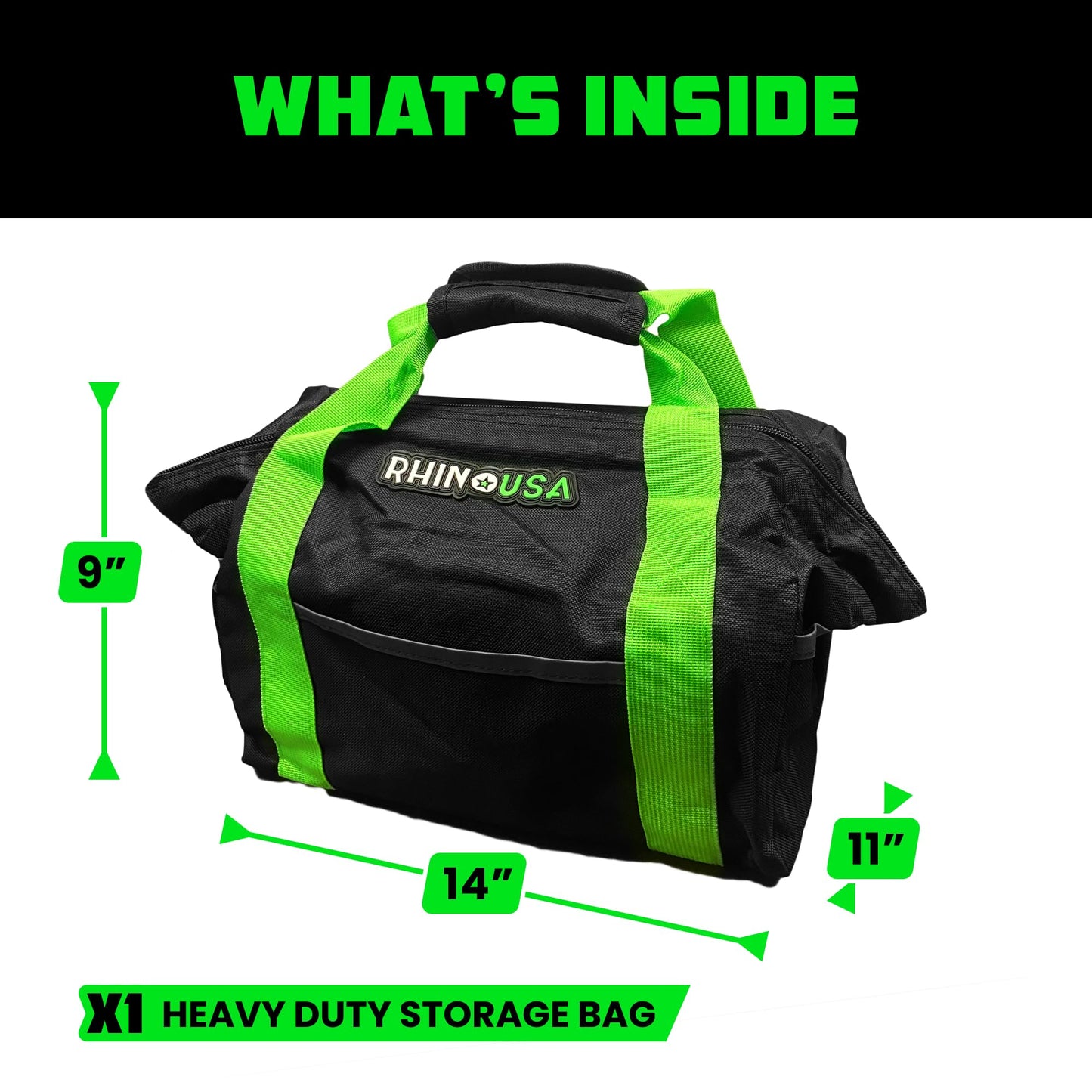 Rhino USA Heavy Duty Recovery Gear Storage Bag - Ultimate Recovery Kit Equipment Bag For Off-Road Gear and 4x4 Accessories - Fits Tow Straps, Shackles, Snatch Block, and UTV Accessories(Green)