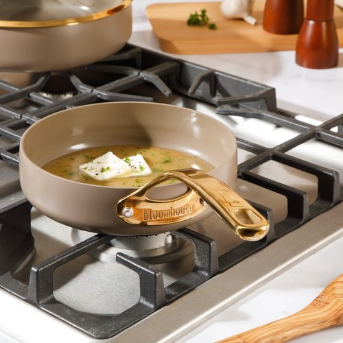 Bloomhouse - Two Time Oprah's Favorite Things Winner - 8 Inch Heavy Duty Aluminum Premium PFA Free Ceramic Nonstick Saute/Deep Frying Pan Skillet - Cappuccino Cream with Gold Handle