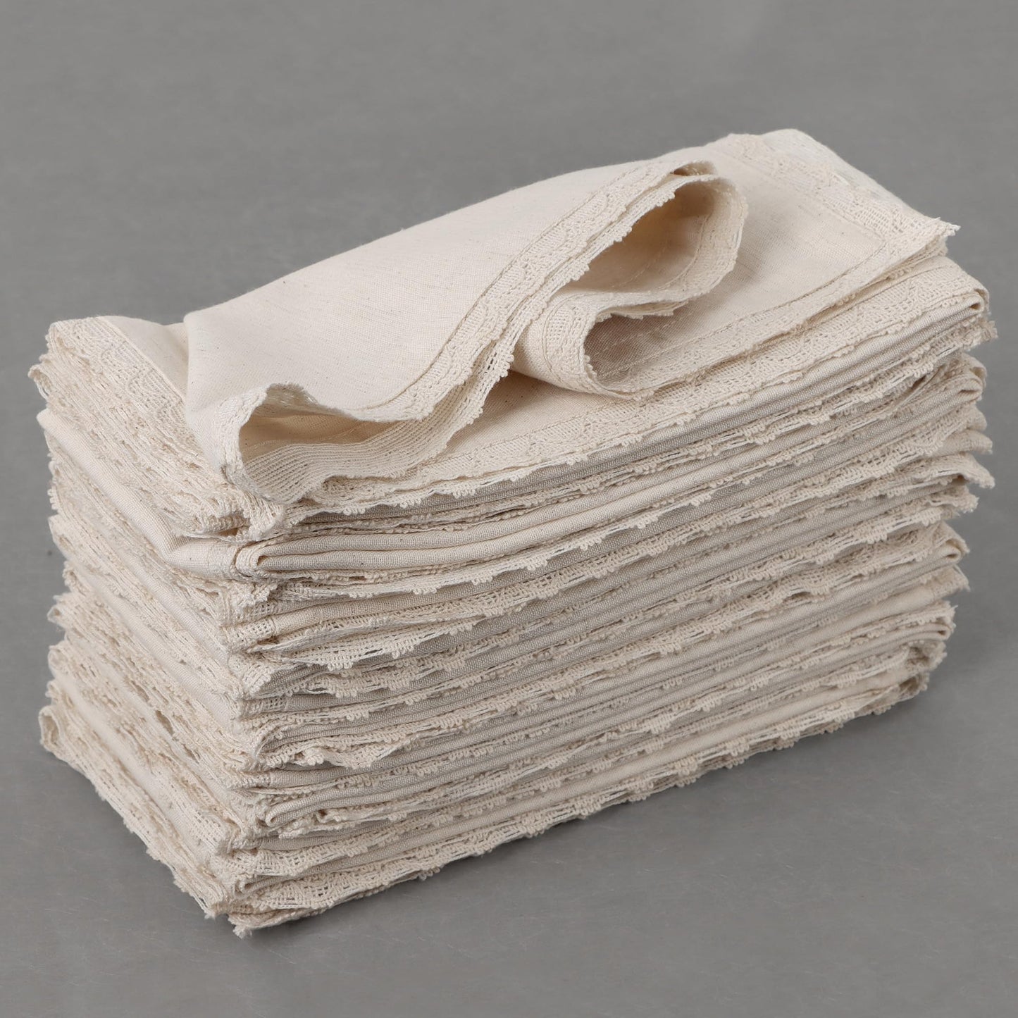 Set of 12 Linen Flax Cotton Cloth Dinner Napkin Washable 18x18 with Lace in Natural Mitered Corners- Ideal for Wedding, Spring, Easter Dinner, Parties and Table Decorations Ivory lace
