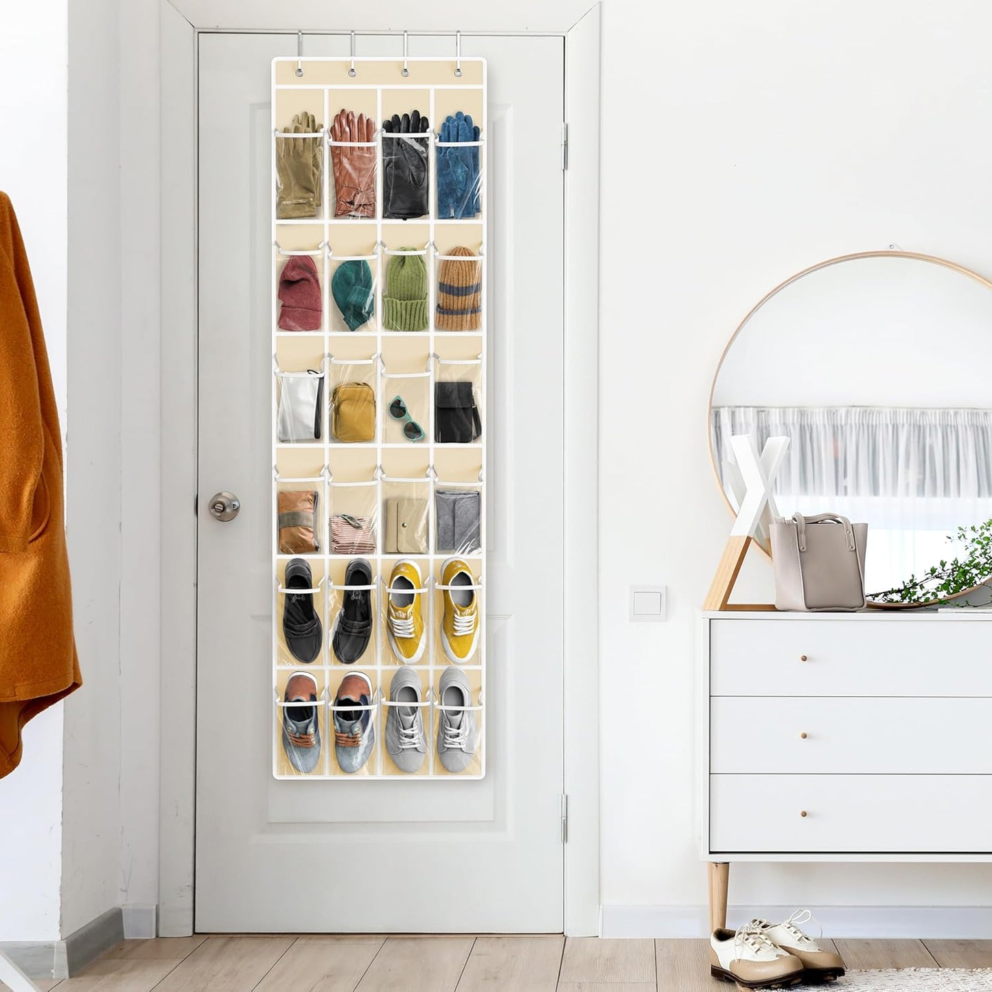 Simple Houseware 24 Pockets - Over The Door Hanging Shoe Organizer | Crystal Clear, Beige (64'' x 19'')