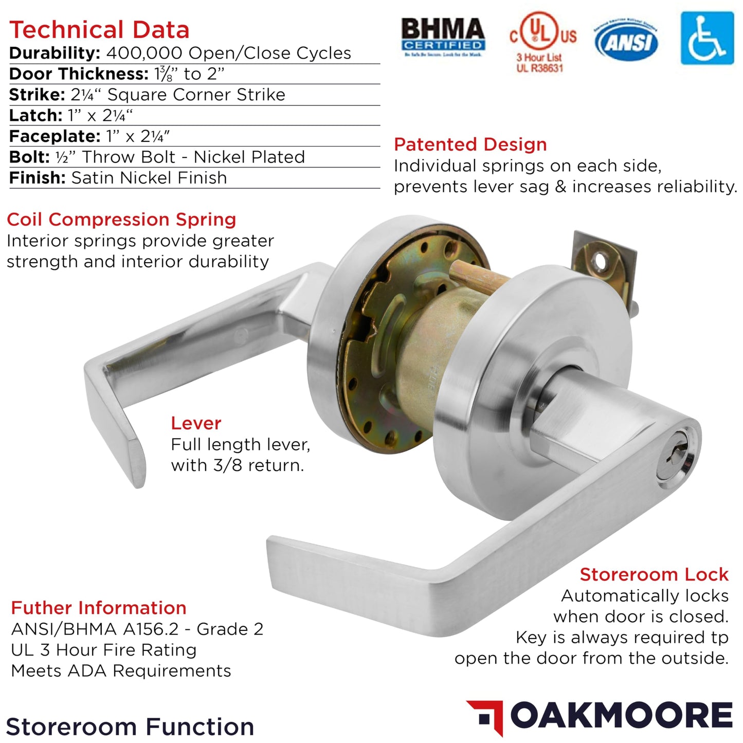 Heavy Duty Commercial Door Handle | Storeroom Lock Function | Grade 2 Commercial Door Locks, Keyed for Schools & Businesses | Storeroom Door Knob | Nickel Finish Lockset | C UL & ADA | ANSI A156.2