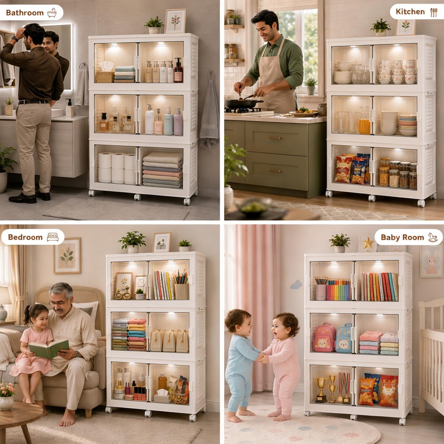 FINCHESCLUB 568QT/141GAL 3 Tier Stackable Storage Bins, Foldable Cabinets with Wheels, Doors and Motion Sensor Lights, Collapsible Closet Storage Organizer, 3 Pack Cubes, White