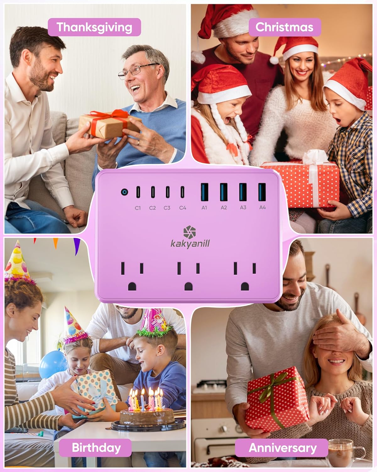 kakyanill 6 8 Ports(4 2000J 5ft Purple Power Strip, AC Outlets USB USB C) with Surge Protector, Flat Plug Purple
