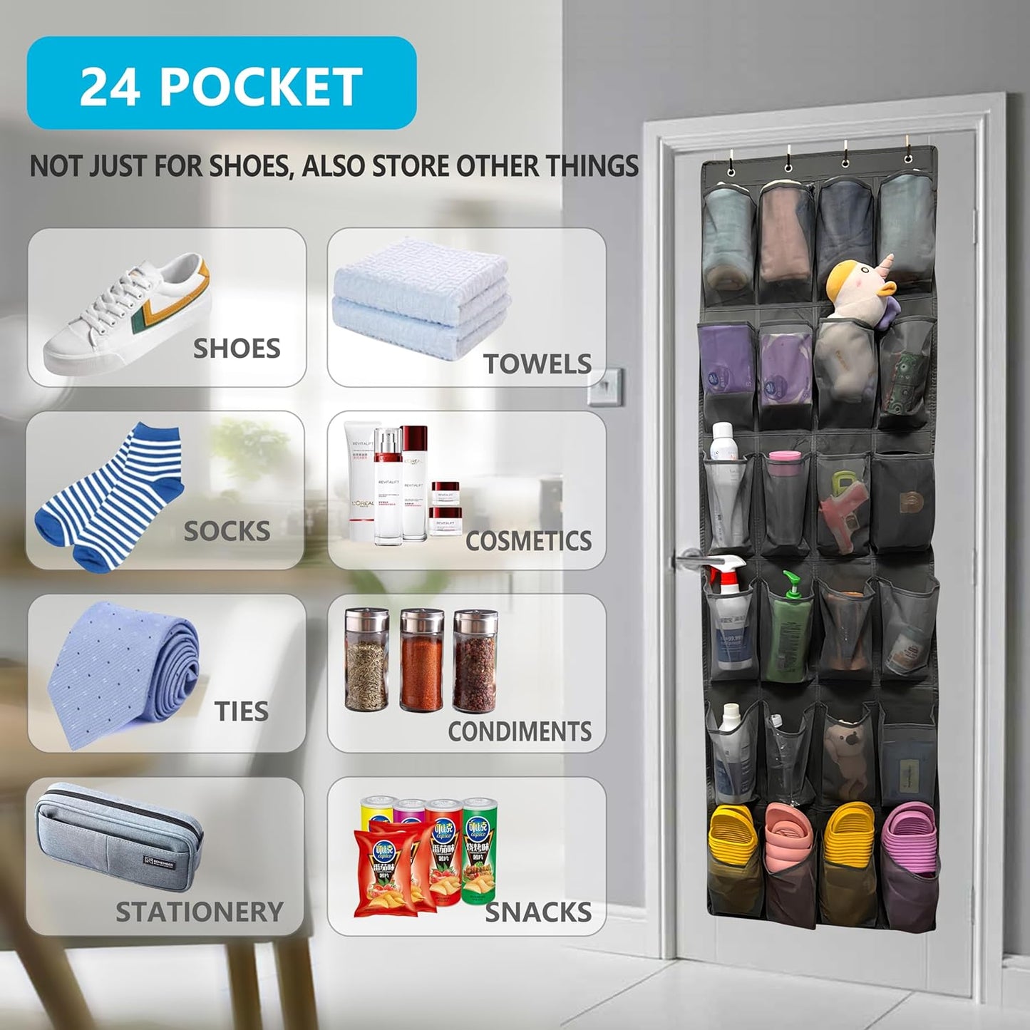 SimpleHouseware Over The Door Shoe Organizer - 24 Large Mesh Pockets for Sturdy Storage | Black