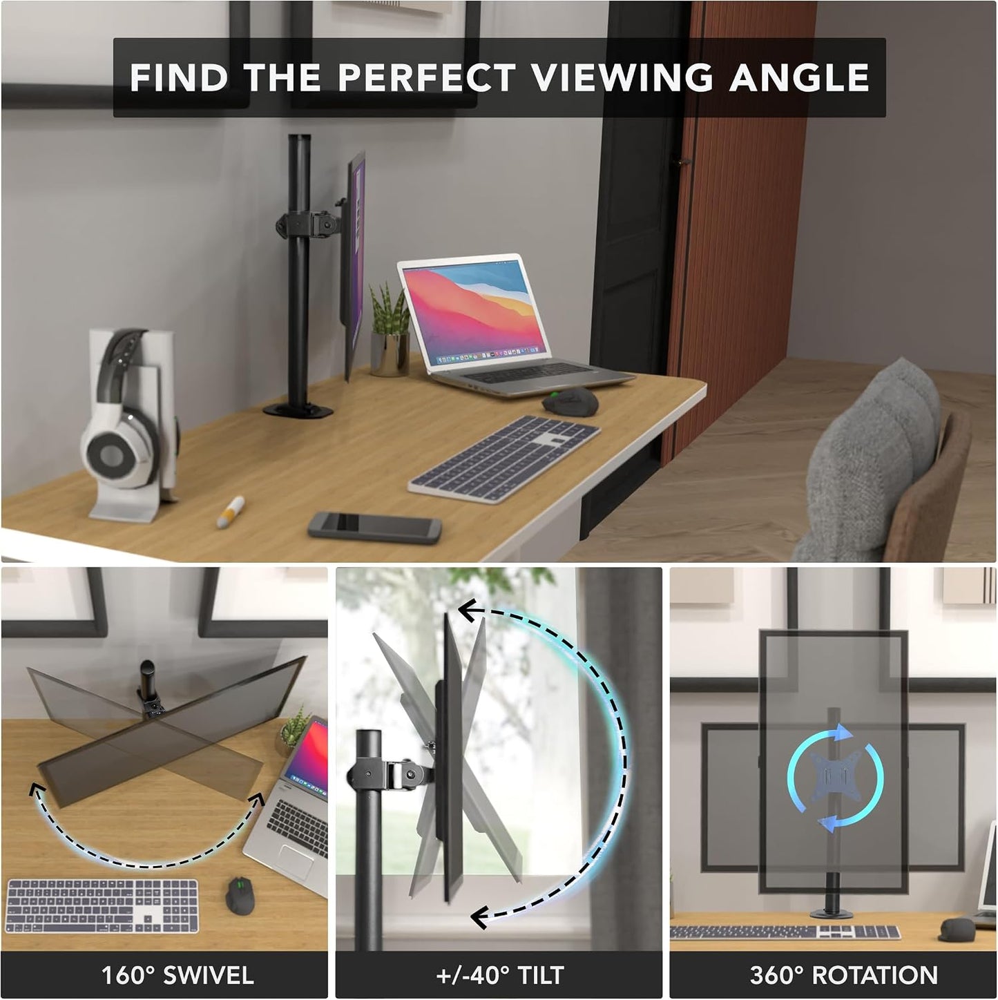 32" 19.8 lbs 360 160 40 Grommet Mount-It! Single Monitor Desk Mount Computer Screen Stand with Full Motion