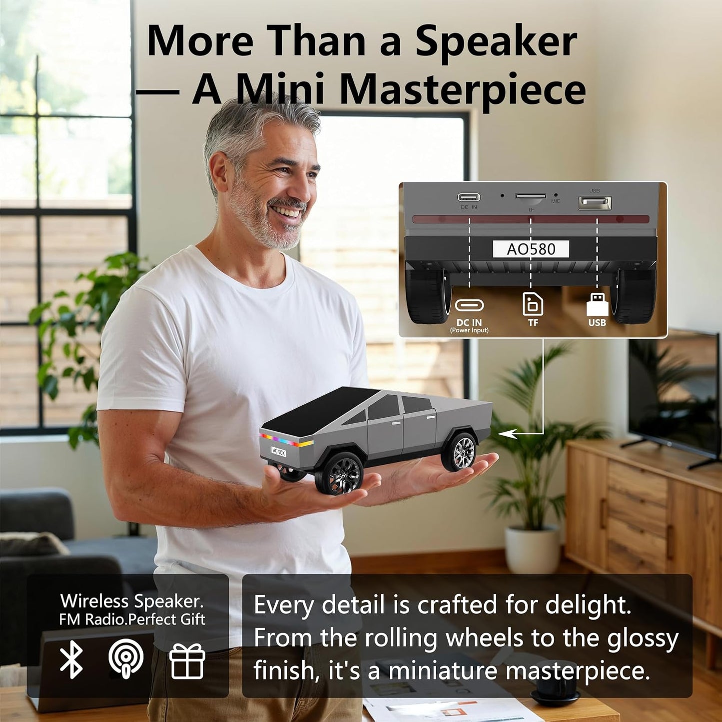 AONOX Cybertruck Bluetooth Speaker for Car, Mini Wireless Speaker with LED Lights, FM Radio, USB/TF Card, TWS Stereo