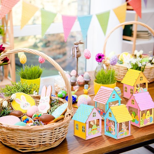 Jenaai 24 Sets Easter Wooden House Crafts - DIY 3D Bunny Village Decor for Spring Celebrations