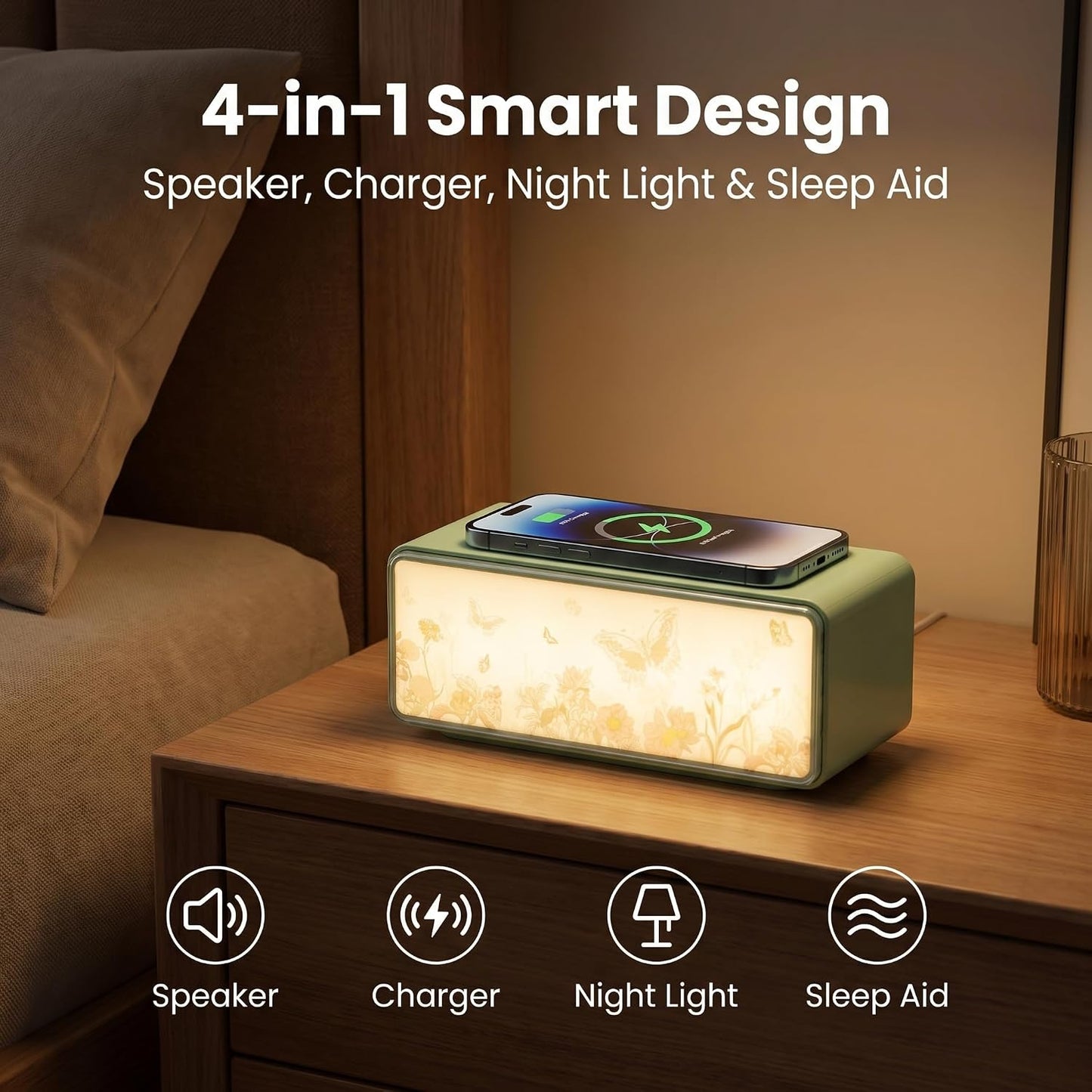 Sleeping4-in-1 DUSVALLY Bluetooth Speaker with Fast Wireless Charger, Adjustable Night Light for Bedroom, Pillow
