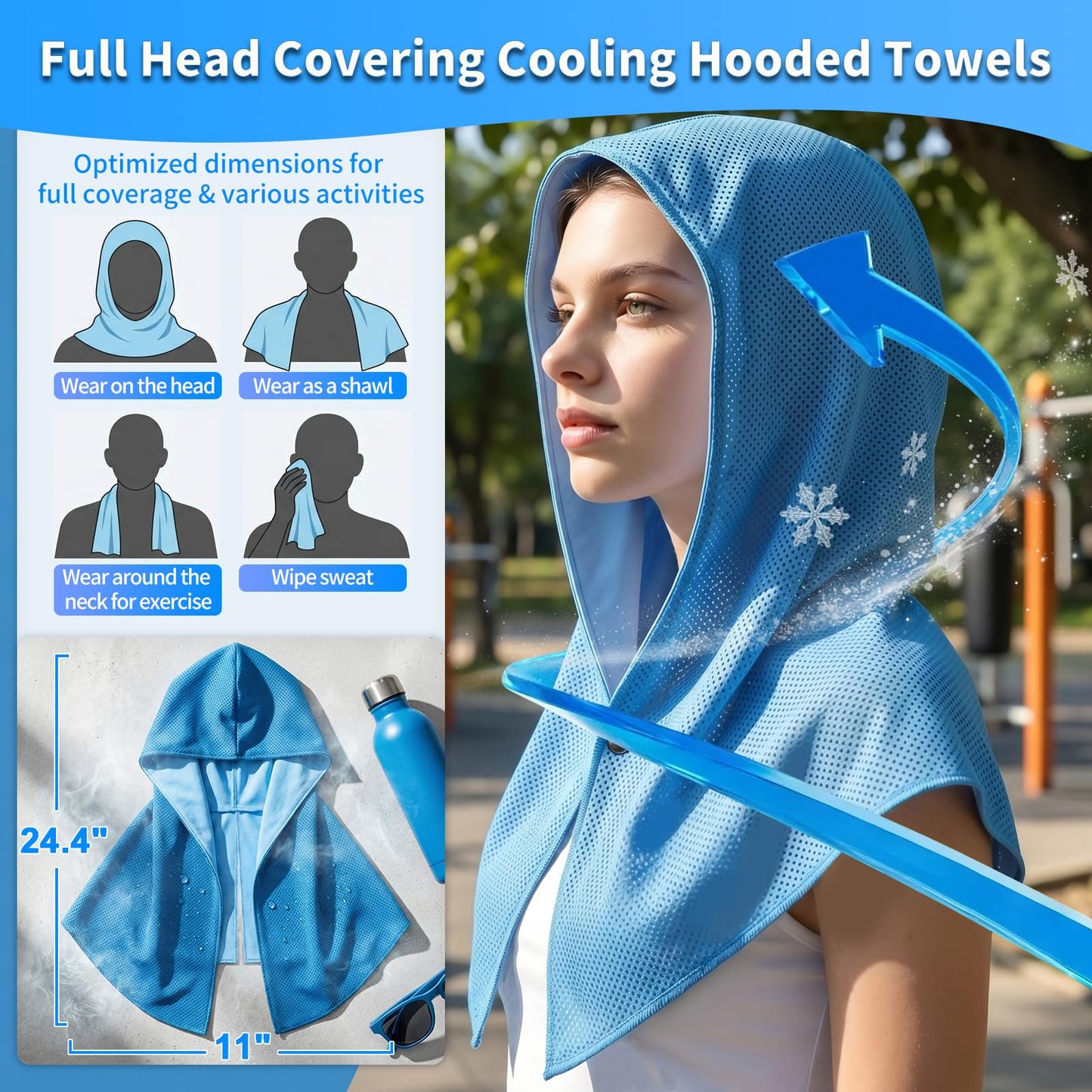 YITIAOYU Cooling Hoodie Towels for Men and Women - Double-Layer Breathable PVA Cooling Towels for Neck and Face, Instant Cold Hooded Ice Towel for Sports, Gym, Hiking, Cycling in Hot Weather (Blue)