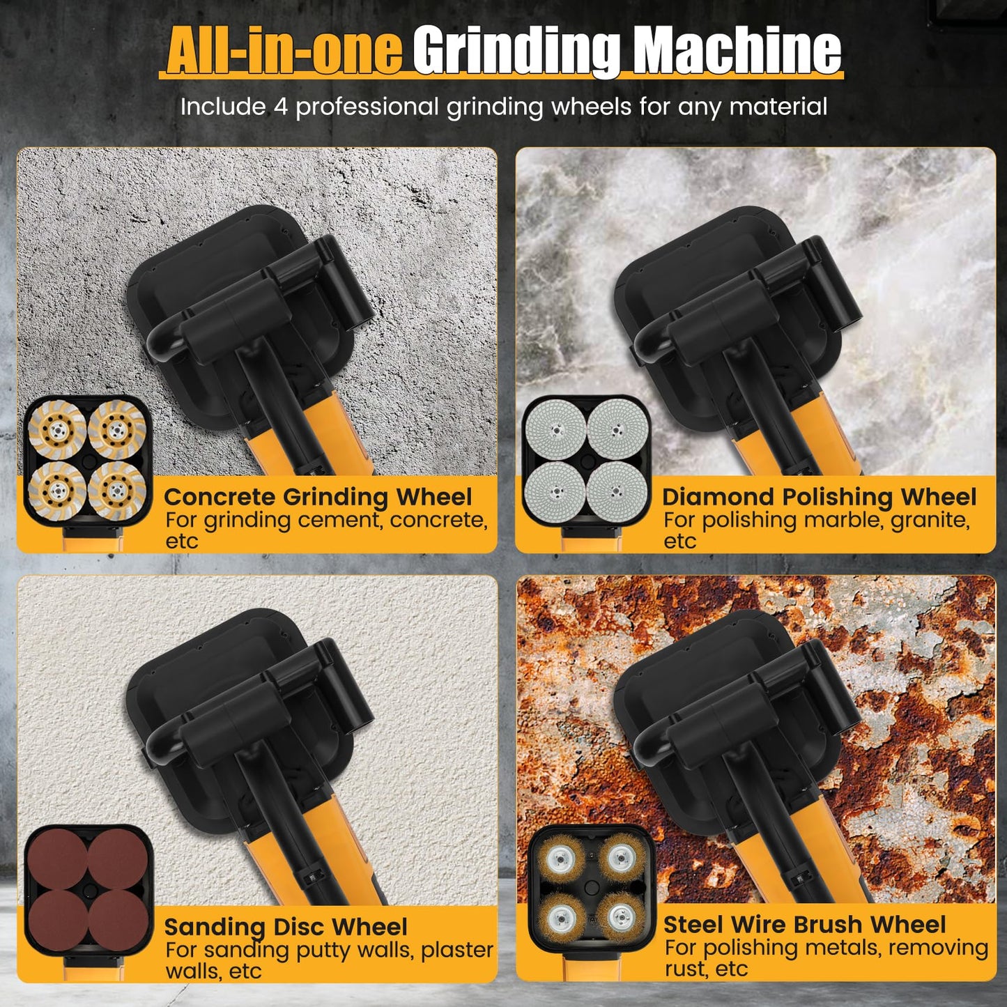 4-Head Concrete Floor Grinder Set, 3800W Concrete Grinder with 6-Speed Control, 6000 RPM Ergonomic Handle & Dust Collection Cover - Ideal for Surface Preparation, Cement, Marble Floors & Surfaces