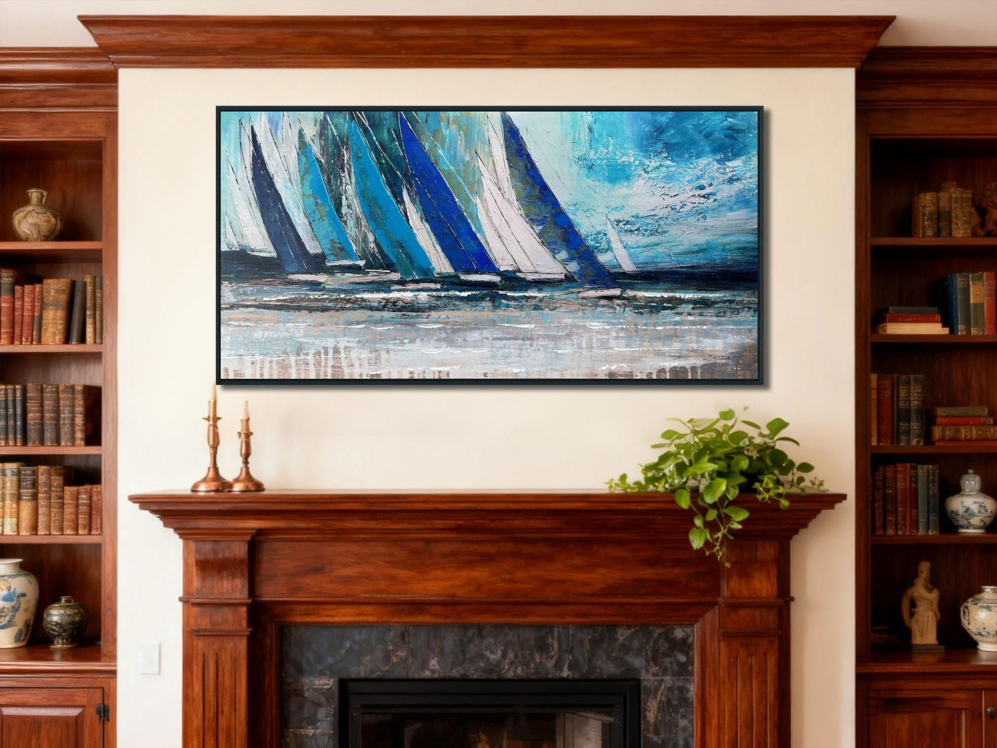 Arjun Framed Wall Art Blue Large Sailboat, Nautical Abstract Canvas Painting for Living Room 40"x20", Teal Coastal Picture Artwork Bedroom Home Office Wall Decor