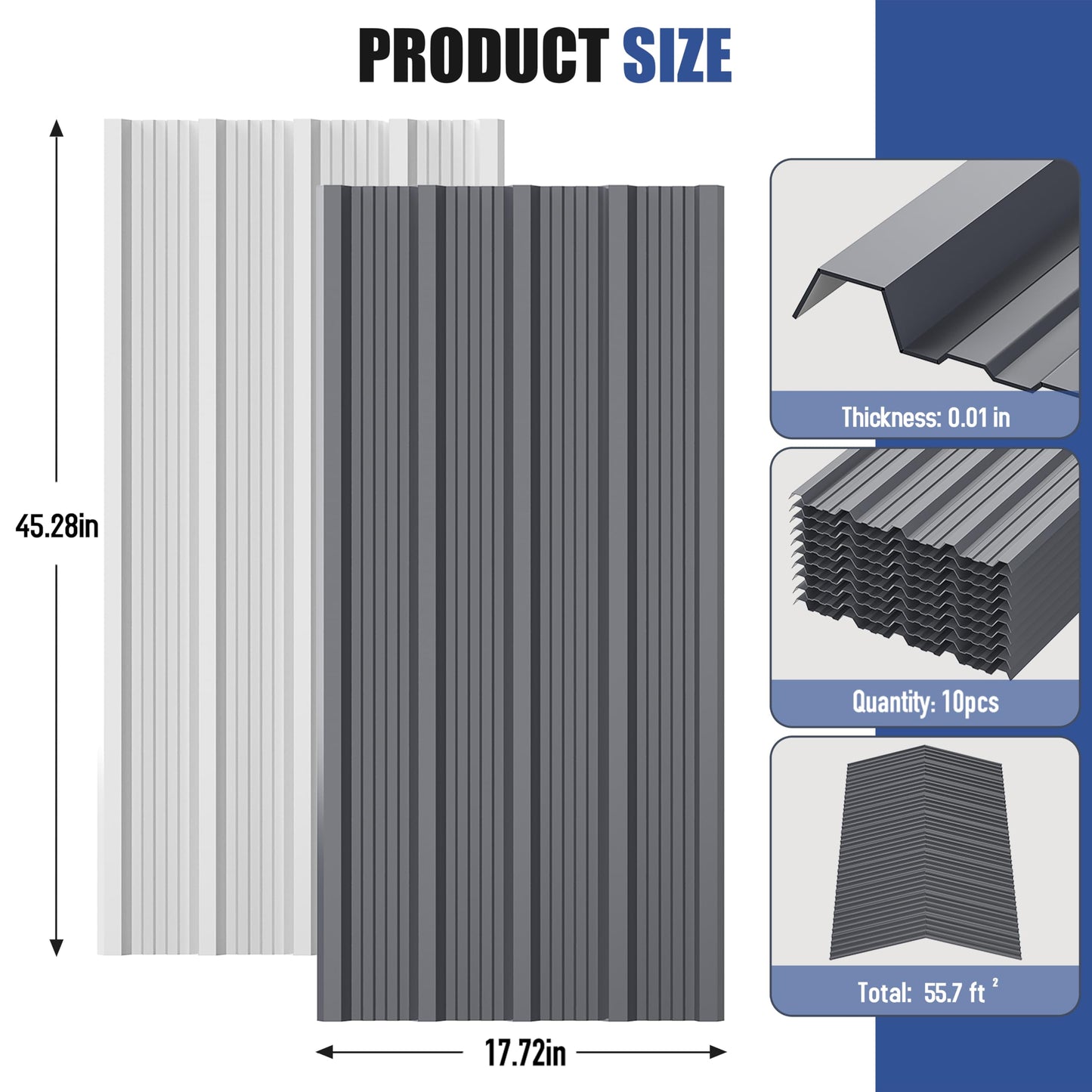 Brakki Metal Roofing Panels 10pcs 55.7 ft², 45.28"L Grey Corrugated Galvanized Steel Roof Panels with Screw, Heavy Duty Metal Siding Suitable for Garages Chicken Coop Sheds Stables Patio