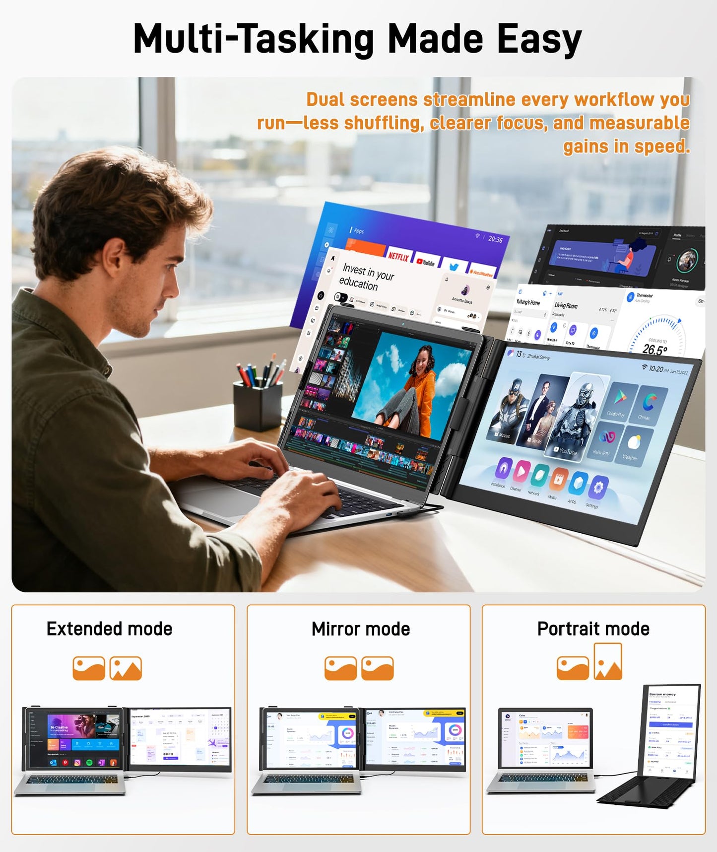 Wixzet Laptop Screen Extender, Ultra-Thin 14" FHD 1080P IPS Portable Monitor for 13"-17" Laptop, 1.3lbs Lightweight Dual Monitor Extender, Plug & Play for Wins/Mac/Android/Chrome
